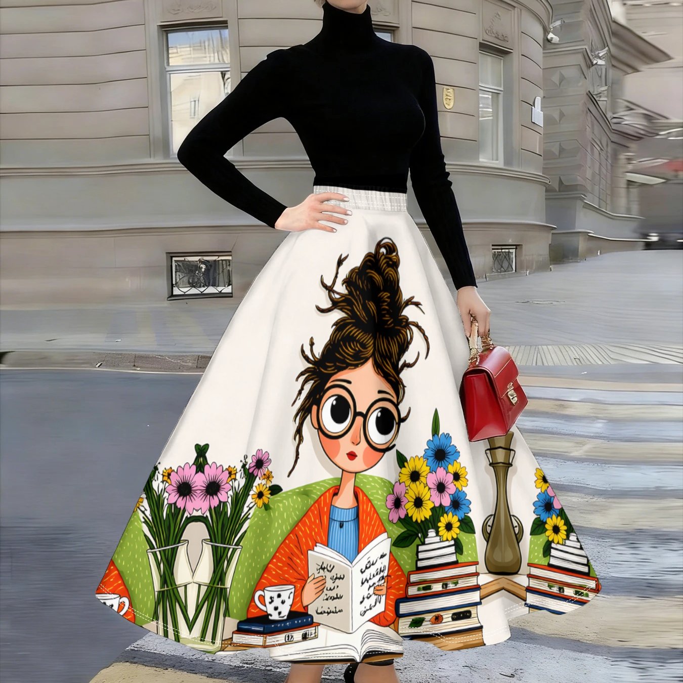 TEMU A Half-length Skirt For Women With A Literary And Artistic Style, Featuring A With Cartoon Characters, High-waisted Design That The Figure And