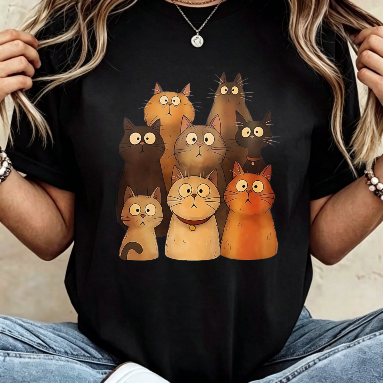Image of Large Size 's T-shirt Cute Cat Pattern Printed Round Neck Short Sleeved Top Suitable For Spring And Summer Retro Shirt Loose Fit Suitable For Outdoor Leisure And Daily Wear Machine Washable