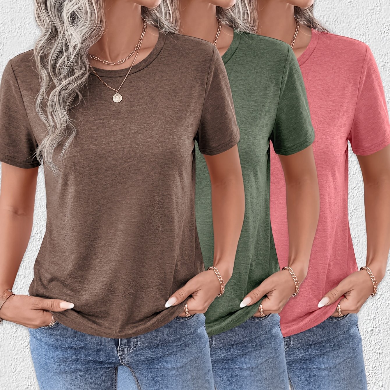 TEMU Lot de 3 T-shirts d'été pour femmes, nouveau style tendance, col rond facile, manches courtes, décontracté, confortable, respirant, haut T-shirt