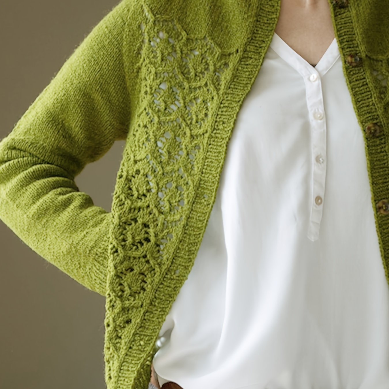 -developed Cardigan With Buttons, Women's Long-sleeve, Openwork Design For Spring And Autumn