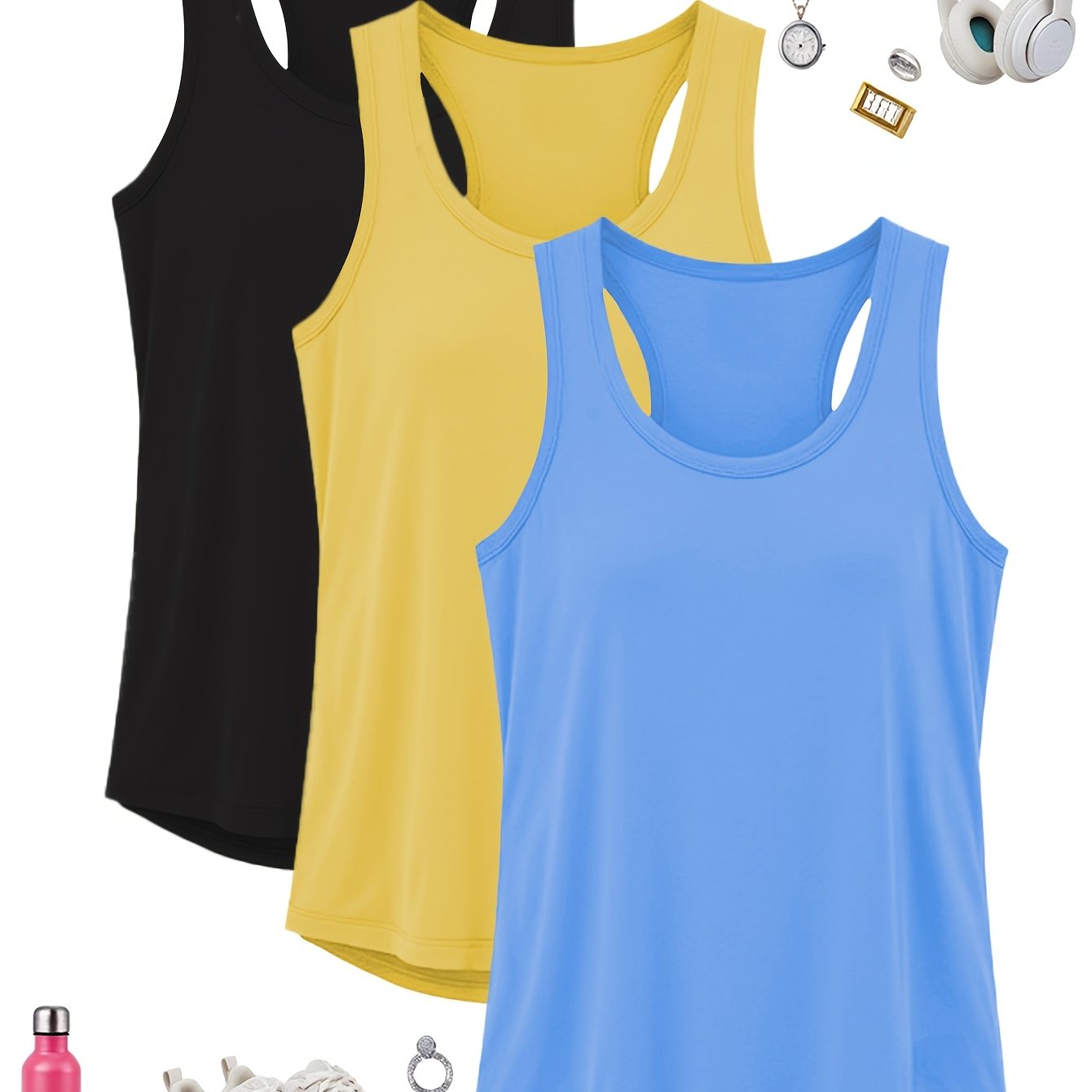 TEMU Plus Size Fashion Women' Color Round Neck 3pcs Set Vest