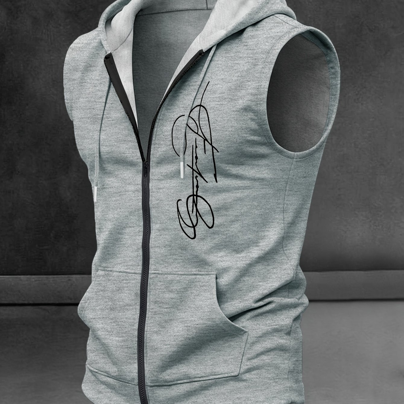 TEMU Trendy Men's Summer Zip-up Vest, Men's Casual Gym Zip-up Vest, White Line Signature Sleeveless Hooded Style, Minimalist Street Sport Style