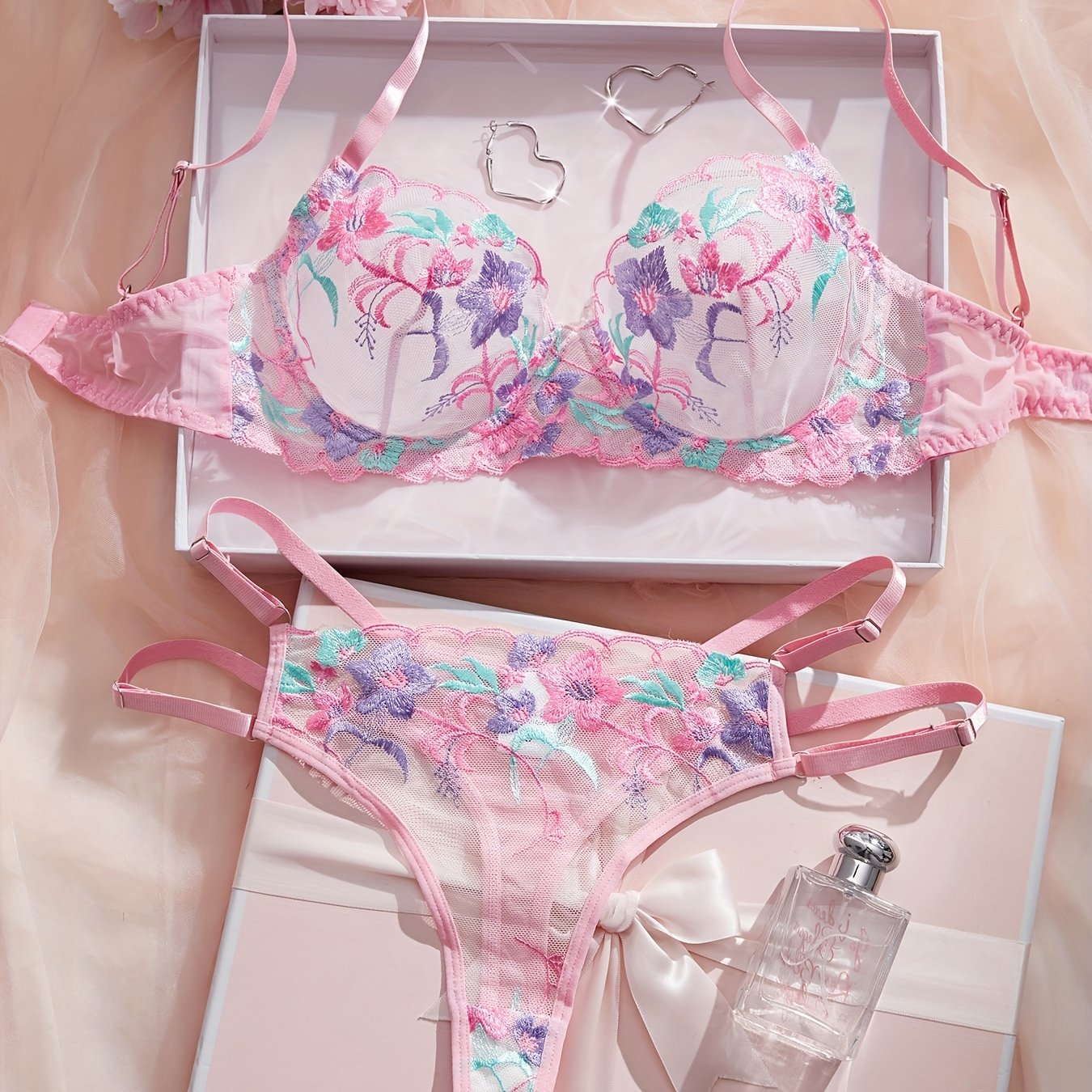 Image of Valentine's Day Edition Christmas Women's Clothing, Fluorescent Colorful Embroidery, Wave Circle Flower Lace, Pink Fiber Mesh Fabric And Multi-waistband Pants Two-piece Set, Bra And Underwear Set