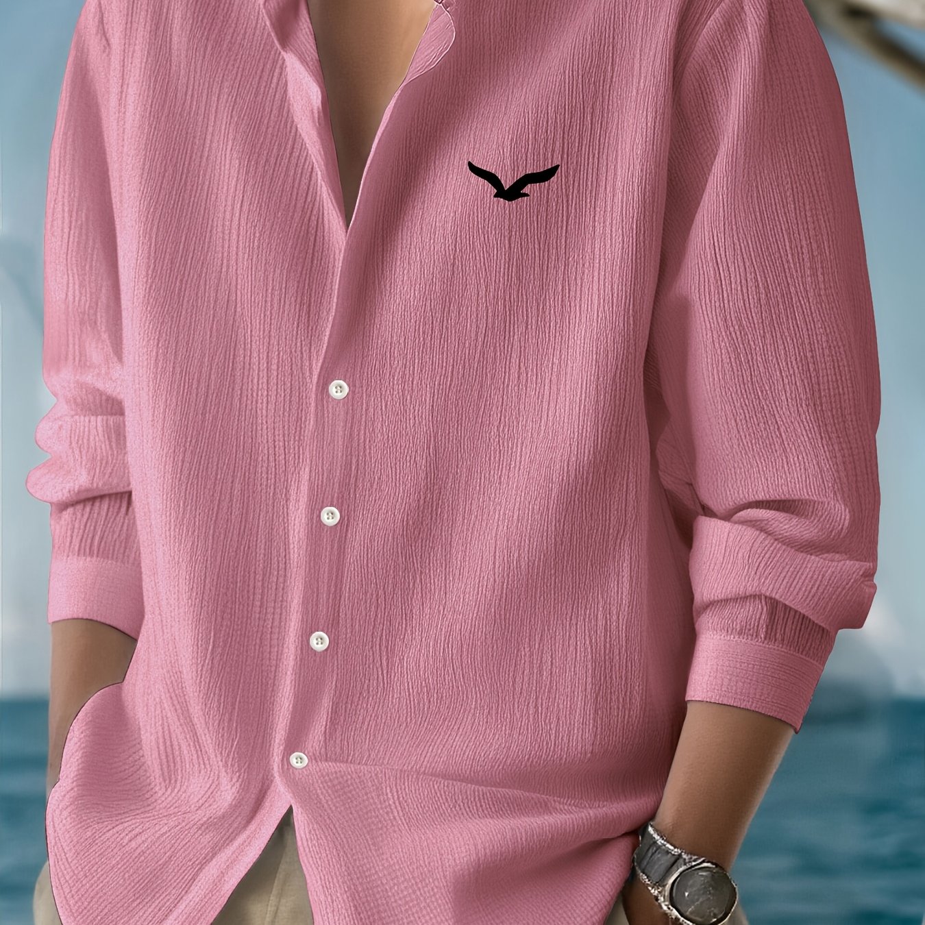 TEMU Men's Casual Lightweight Hawaiian Long-sleeve Shirt - Quick-drying And Breathable Premium Fabric For Spring And Autumn, Small Bird Print Pattern