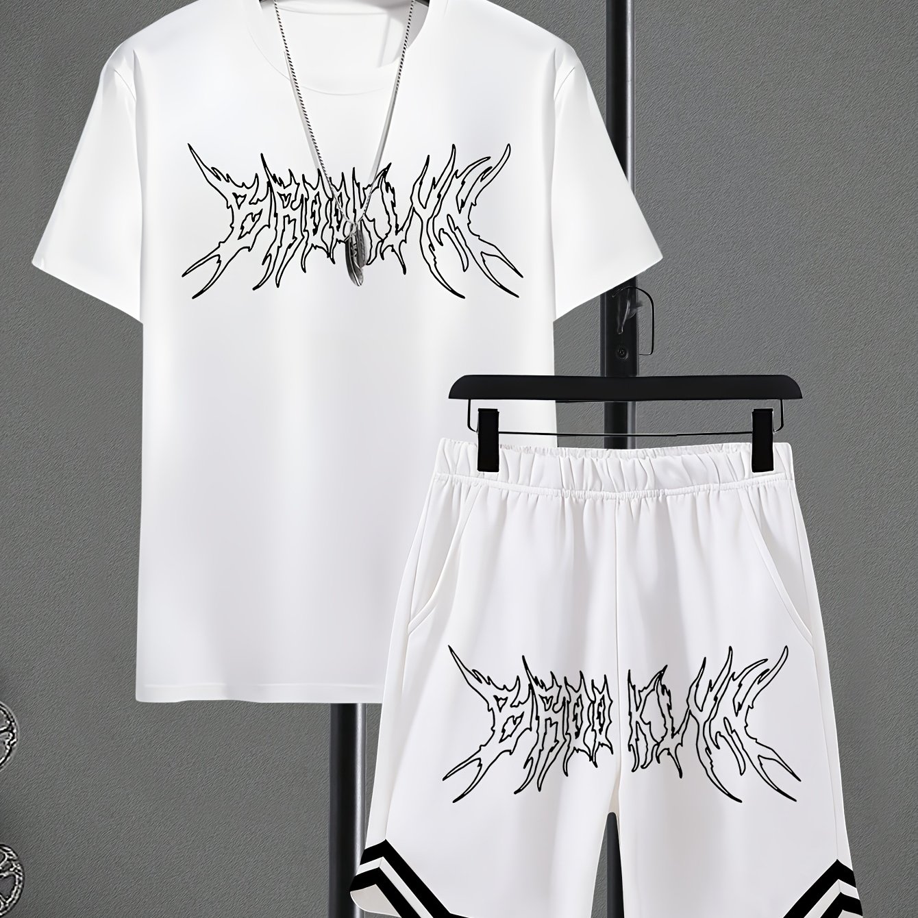 Image of Teenage Boys' Thorns Print Pattern Casual Summer Short-sleeve Ribbon Pants Set Fashionable Outdoor Sports Spring/summer Boys' T-shirt And Shorts 2pcs Set, Perfect For Outdoor