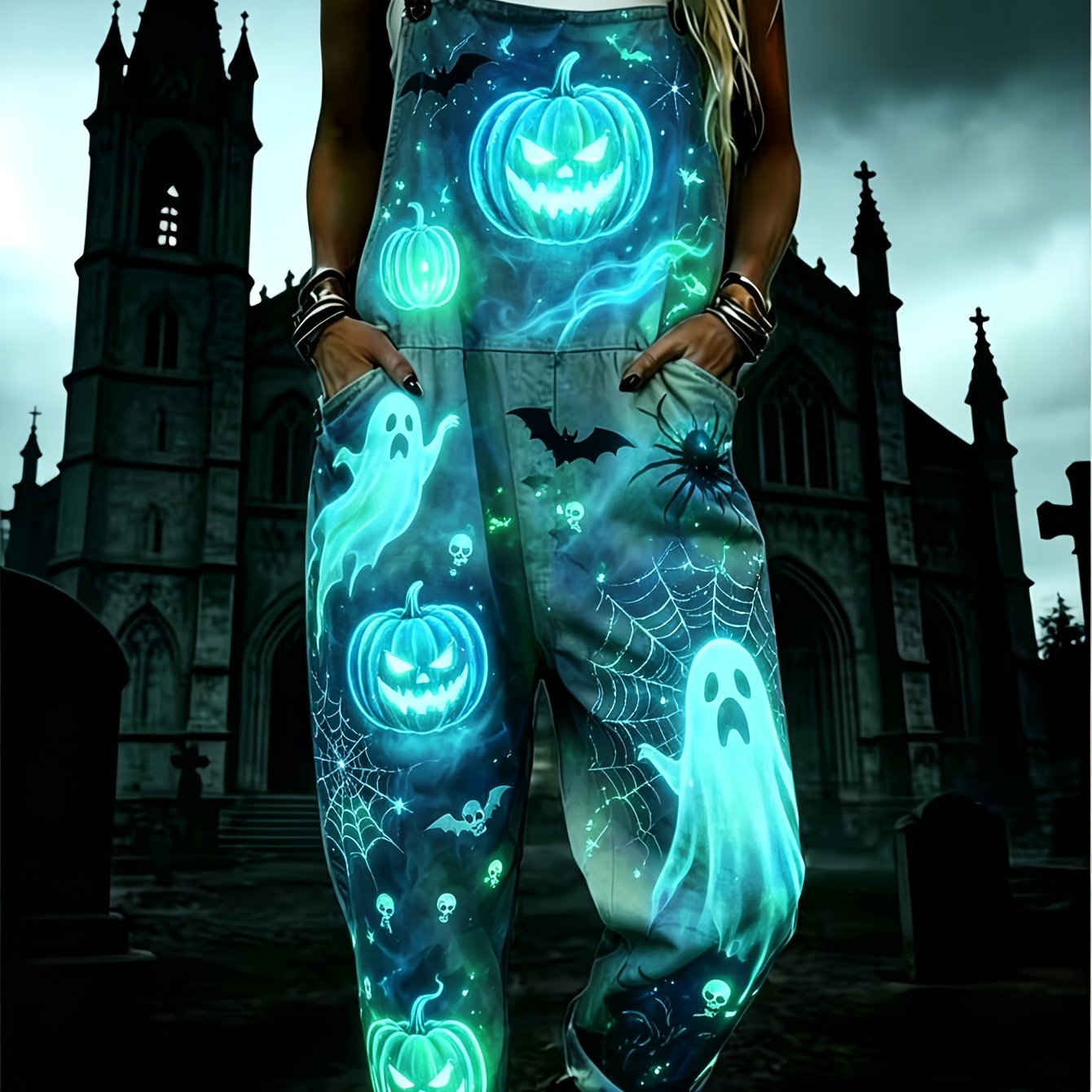 TEMU New Comfortable Printed Jumpsuit- A Dark-themed Halloween Jumpsuit Designed For Women, It Can Conceal Body And Shape The Figure. It Features