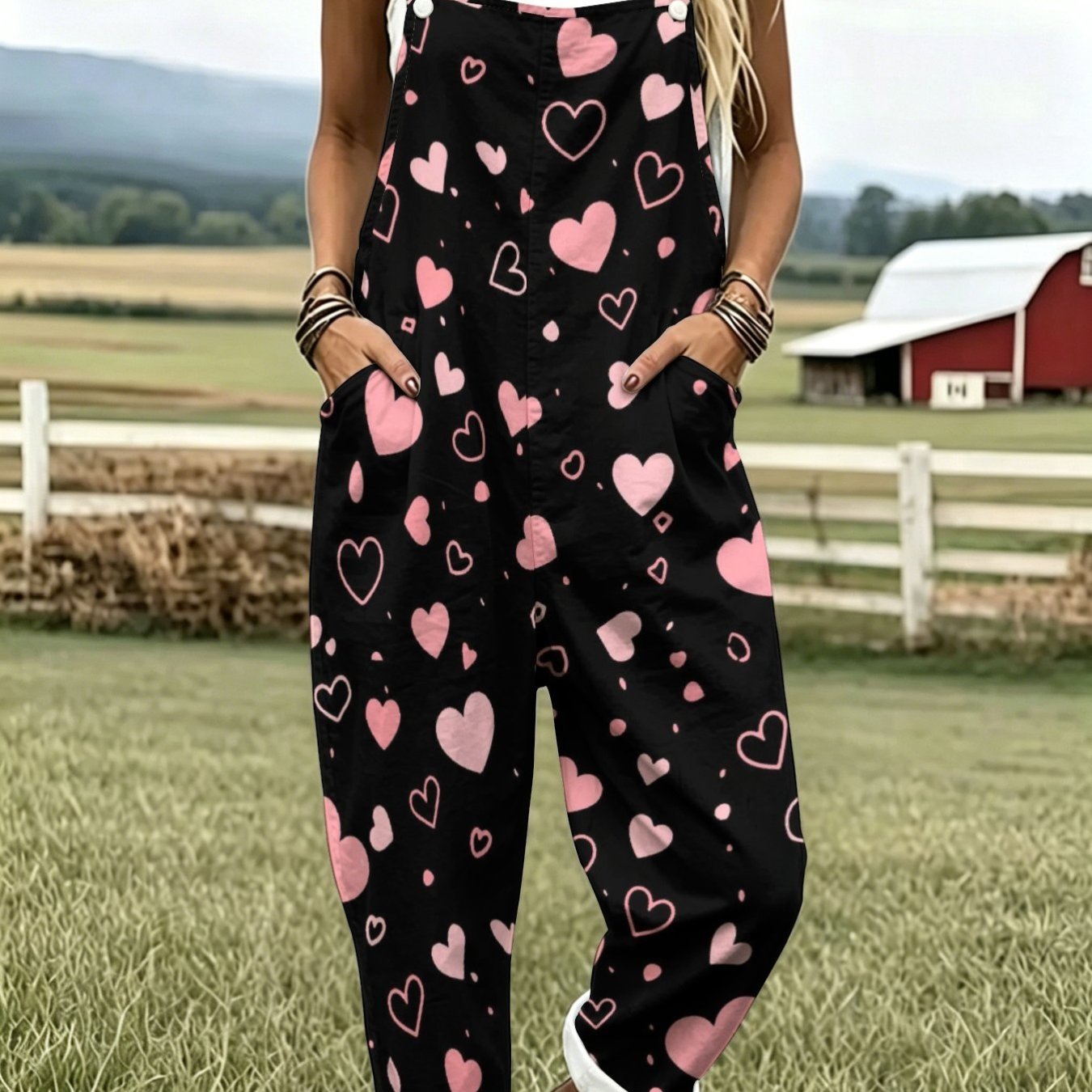 TEMU Women's Leisure Overalls With Heart Graphics, Valentine's Day Fashion Sleeveless Button-up With Pockets, Suitable For Vacation And Daily Wear,