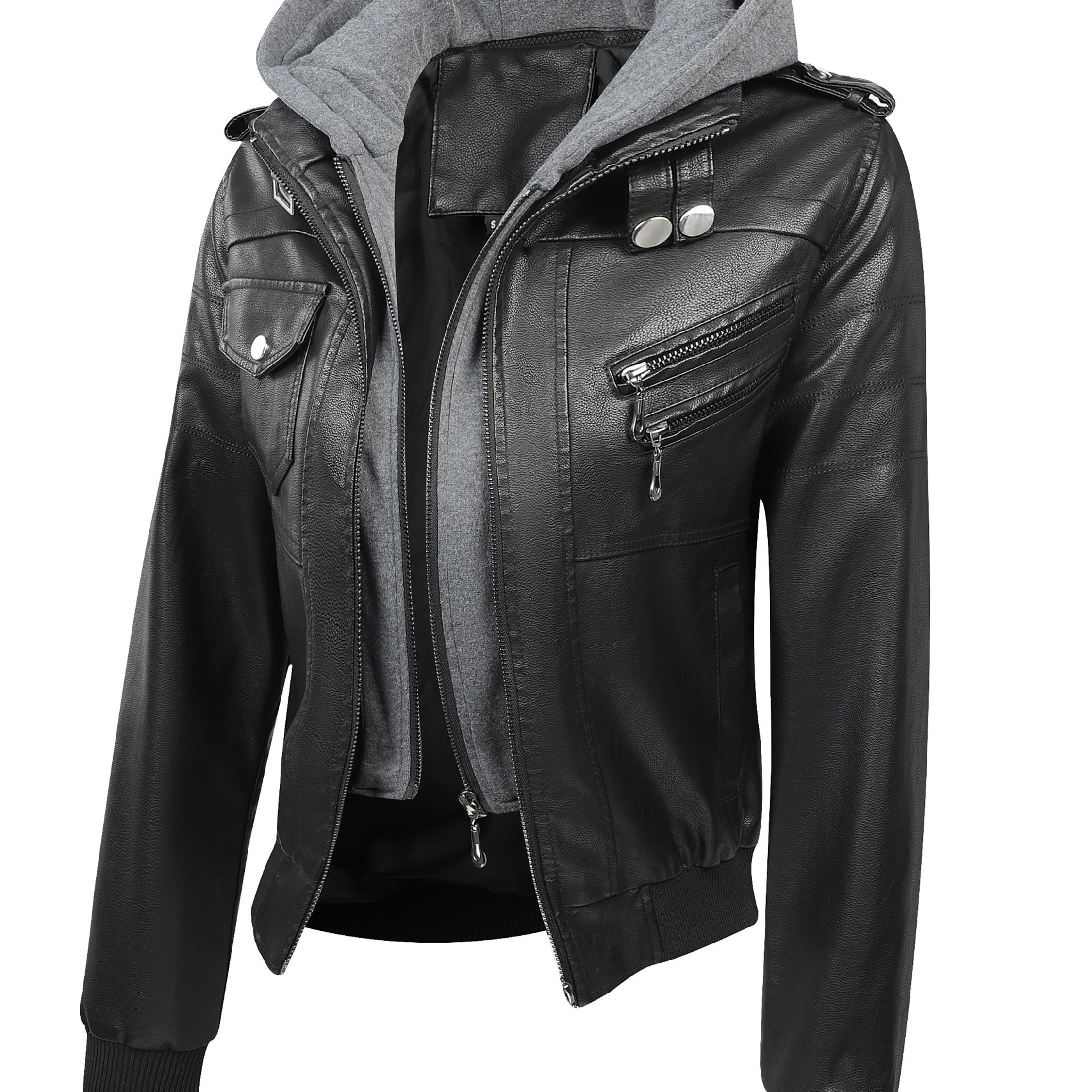 TEMU Women's Vintage-style Pu Jacket - High Quality, Windproof, Tear-resistant With Detachable Hood Casual Outdoor Riding Jacket