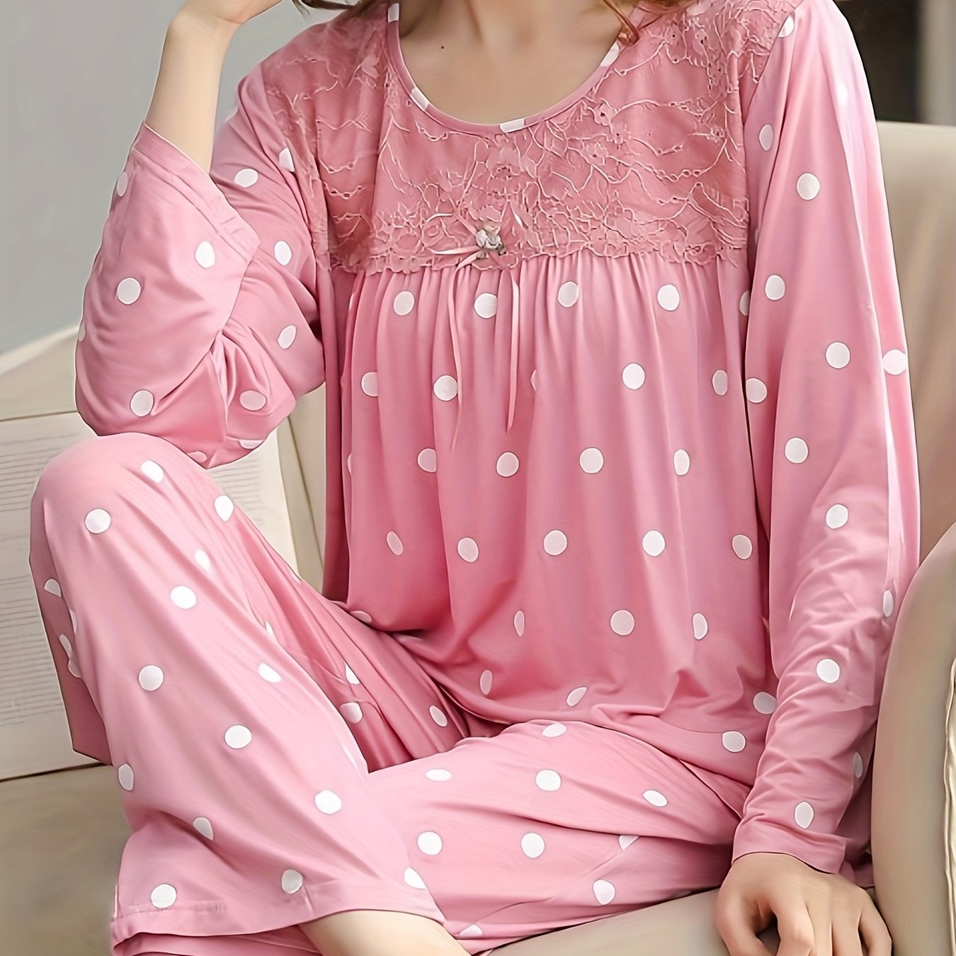 E-shop Damen Frühjahr/Herbst Polka-Dot-Print Modal Pyjama 2-teilig, Langarm Langbuxe, Bequeme Weiche Hauskleidung