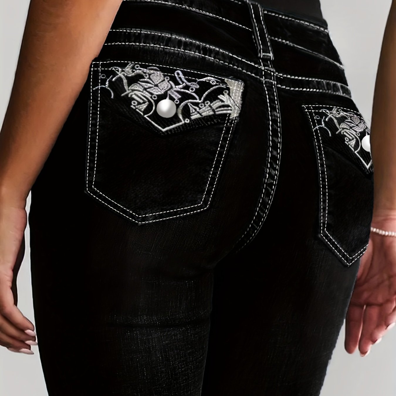 Black Retro Geometric Pattern Embroidery Pocket Multi- Micro Flare Pants Slimming High Waist High Elastic Flare Pants Casual Outing Women's Denim Long Pants