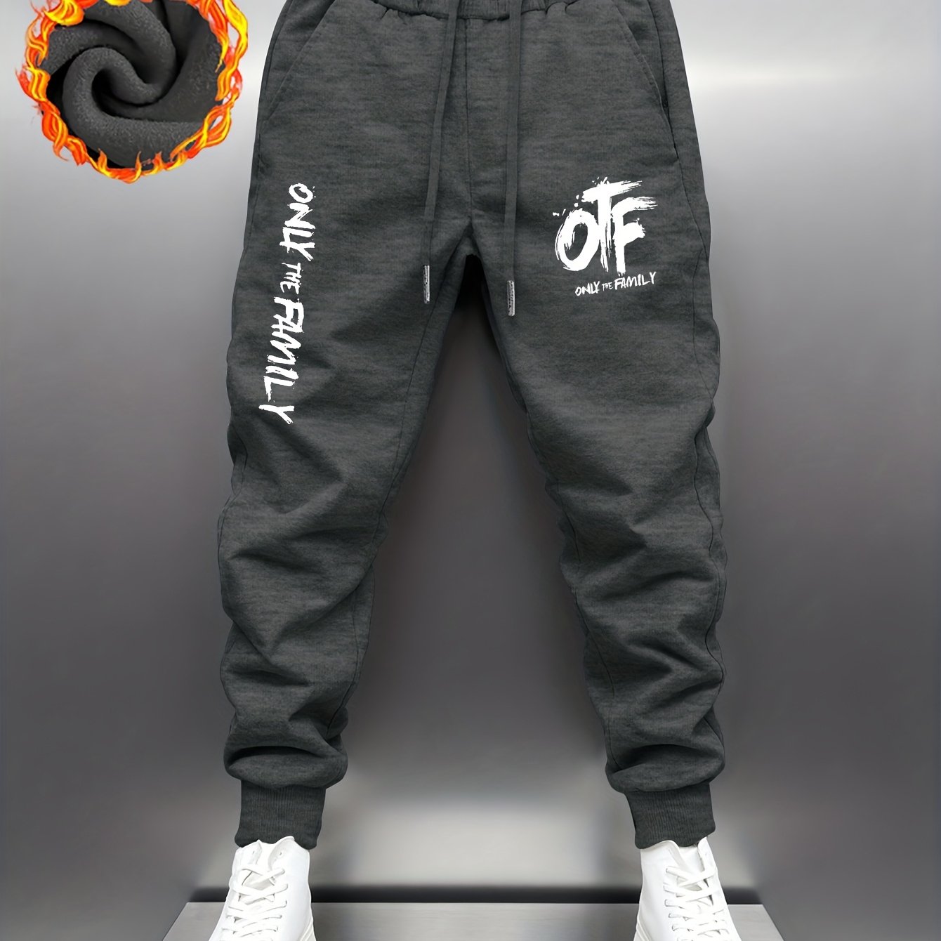 TEMU Trendy Men's Fashion Thick Long Pants, Popular -lined Streetwear, Featuring Otf Only The Family Graffiti Print, Elastic Waistband With