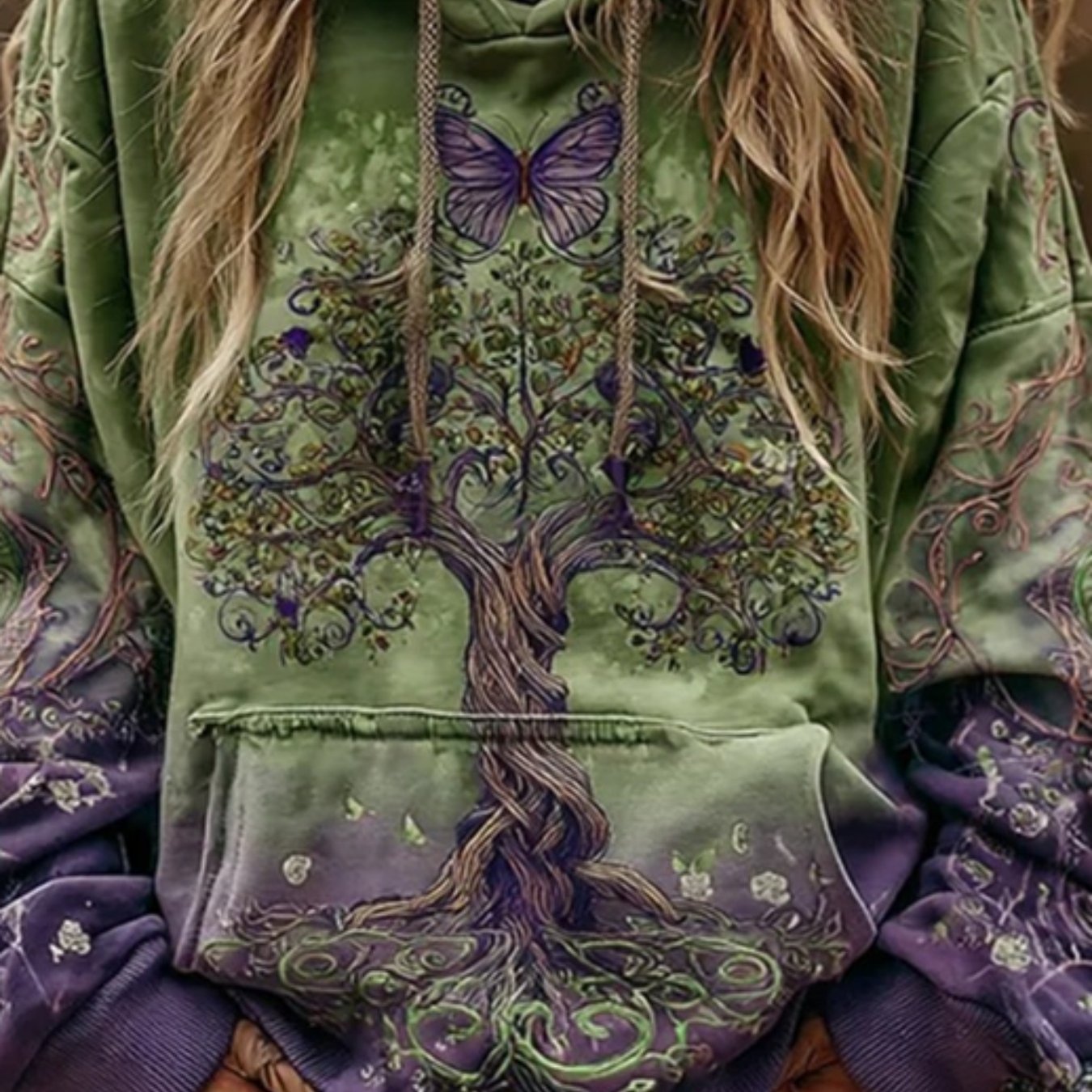 TEMU Women's Spring, Autumn, And Winter Vintage Tribal Style Tree Of Print Hooded Sweatshirt, Casual Daily Wear Top