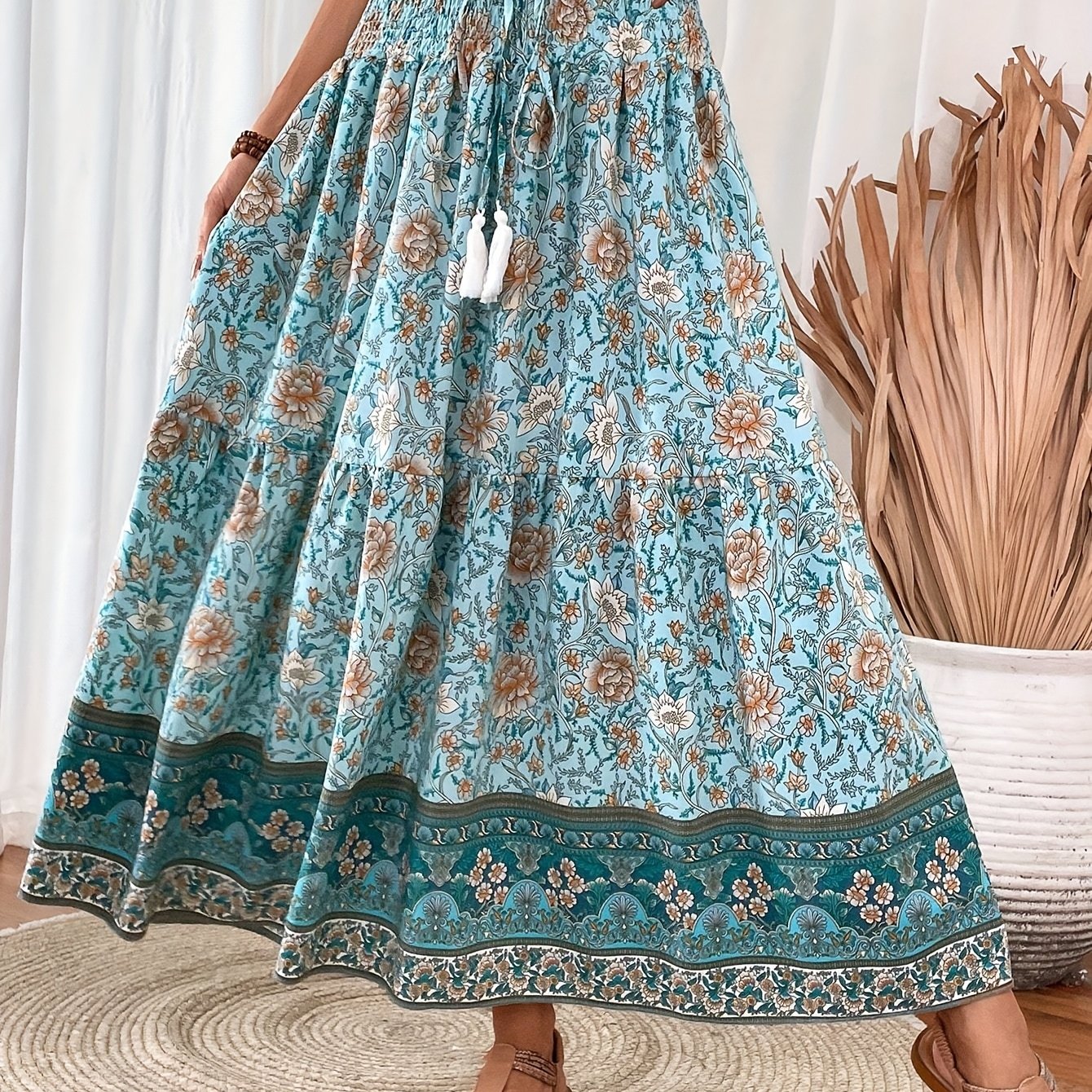 TEMU Women's Spring/summer Waist-tie Bow Skirt, Bohemian Vacation Skirt, Vintage Print, Suitable For Beach, Vacation, , Commuting, And , Skirt 599