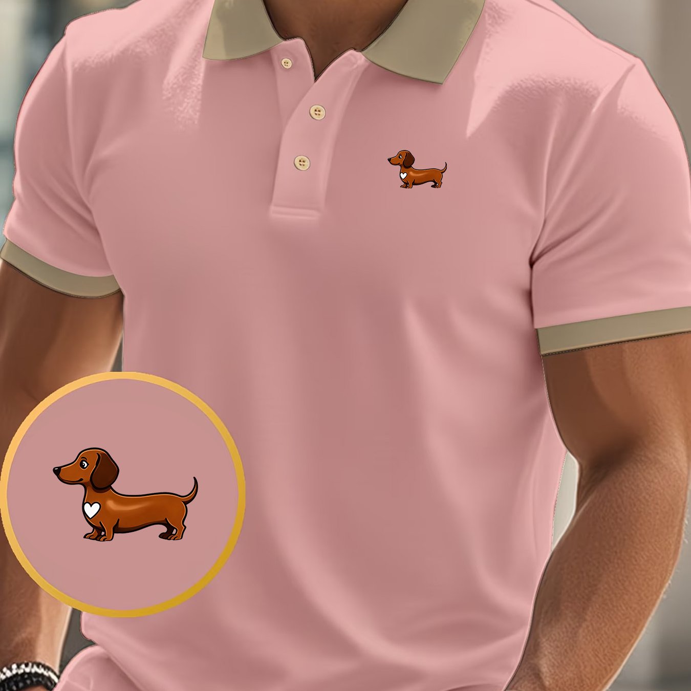 TEMU Brown Sausage Dog Print Lapel Shirt, Durable And Wear-resistant, Suitable For Fitness, Elastic And Breathable, Short Sleeve Design , Outdoor