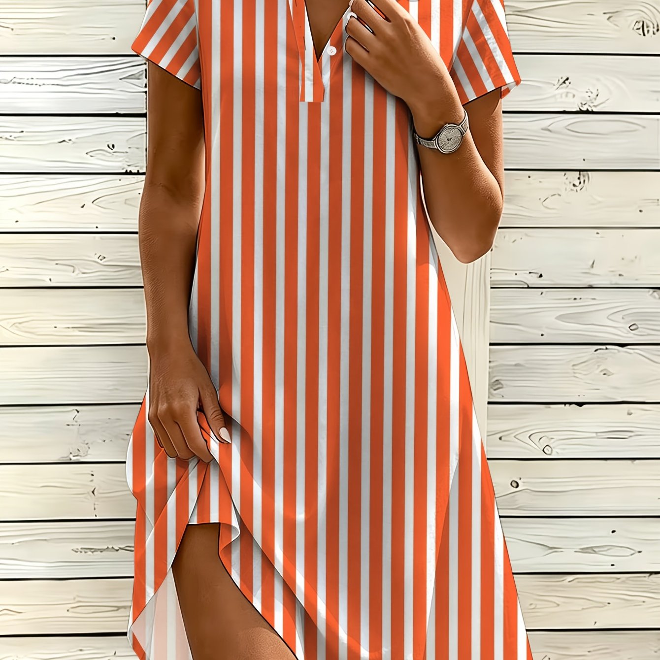 Image of Women's Fashion Shirt Dress, V-neck Button Dress, Striped Print