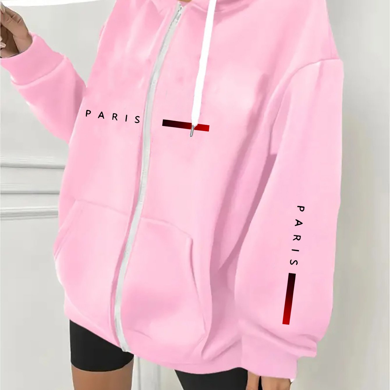TEMU Spring And Autumn Women's Hoodie With Fashionable Kangaroo Pocket Comfortable Long Sleeve Autumn And Spring Paris Printed Pattern Casual Hoodie