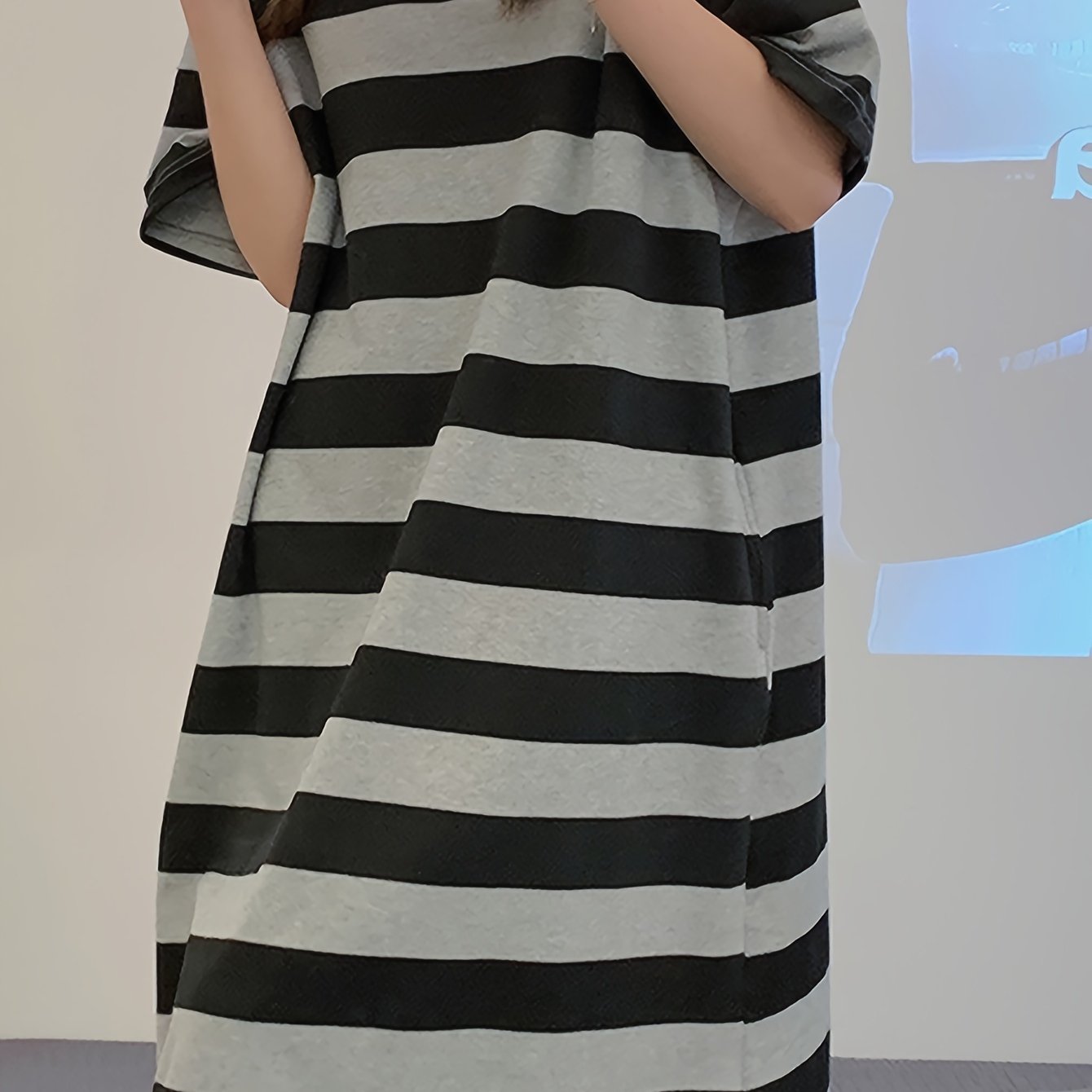 Image of Loose-fitting Grey Striped Nightdress, Simple Striped Pattern Casual Ladies Can Wear Home Clothes Outside