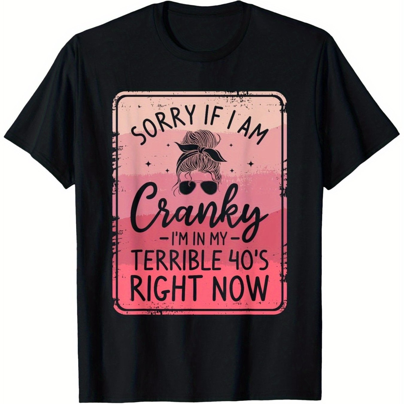 TEMU Plus Size - Printed For Women, Vintage Messy Bun Illustration With "sorry If I Am " Text, Gradient Pink Background, Loose Fit Round Neck, Unisex