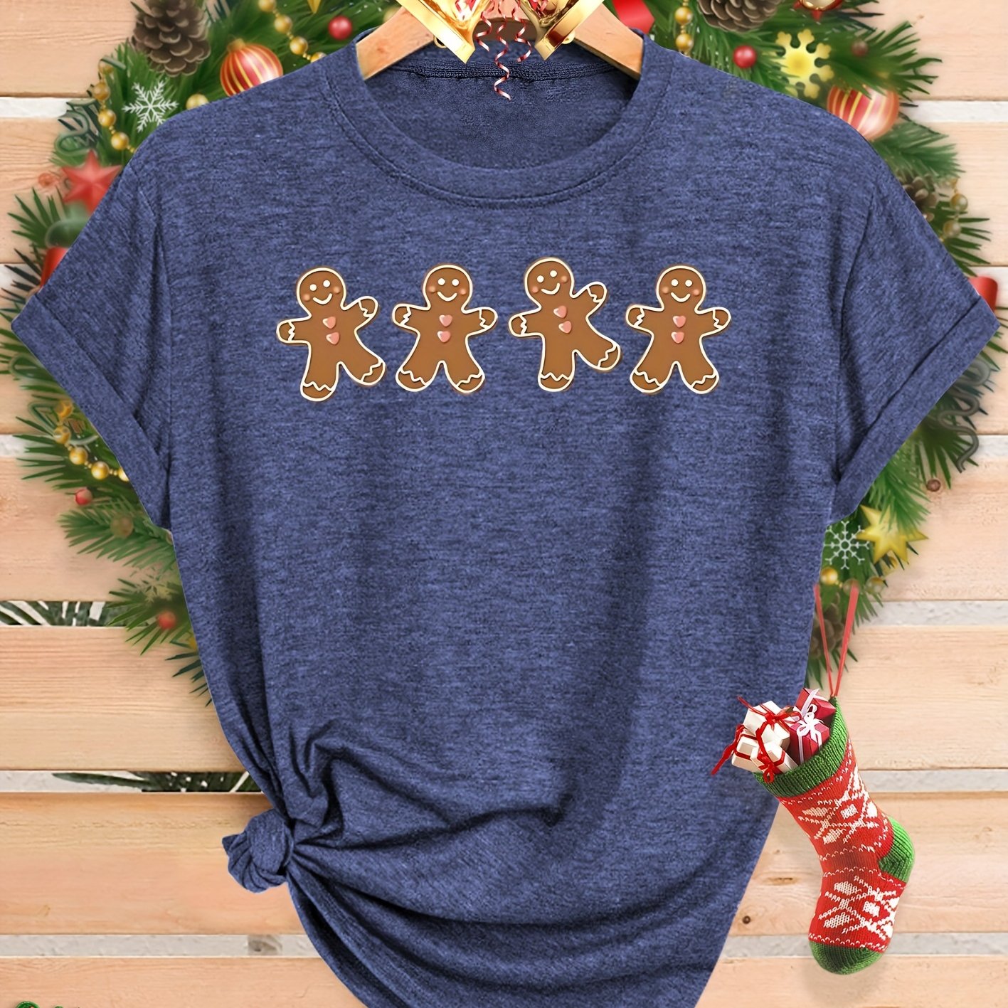 TEMU Women's Vintage Gingerbread For Print T-shirt - Soft Stretchy Round Neck Short Sleeve Casual Top With Gingerbread For & Gingerbread For Wo