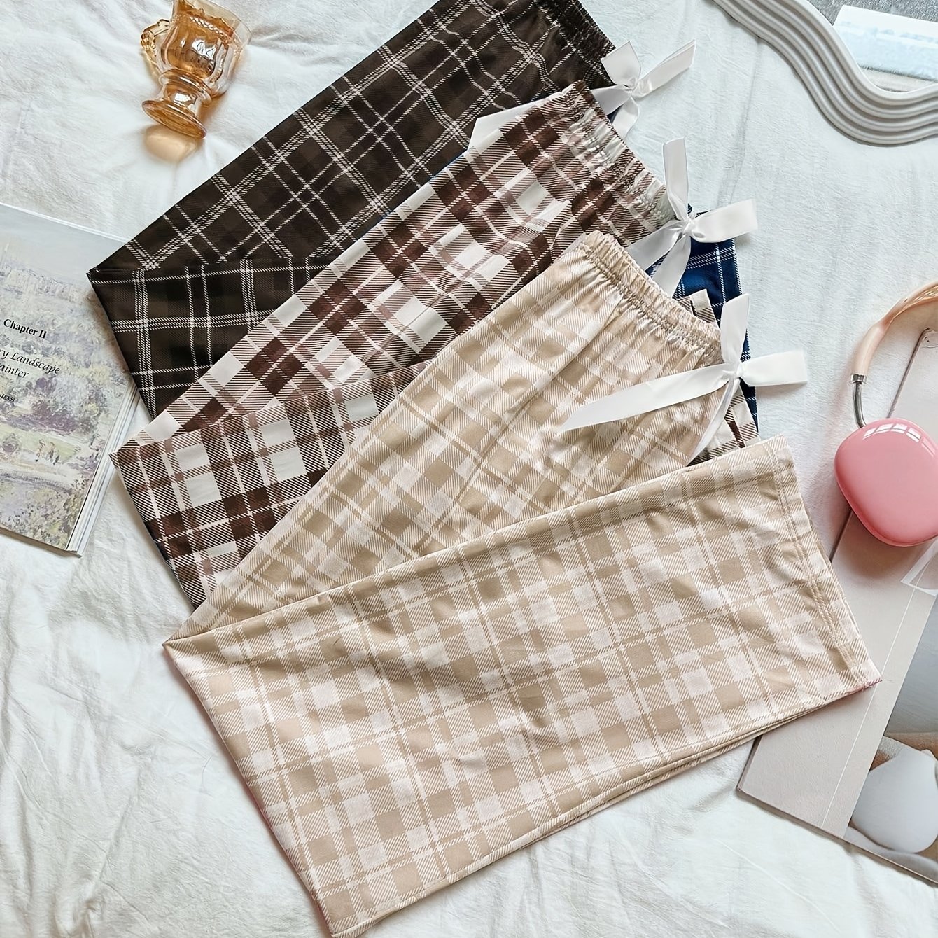 TEMU Set da donna "26QH" 3 pezzi con pantaloni lunghi a quadri stampati, elastico in vita, tessuto confortevole e vestibilit� per un piacevole uso ,