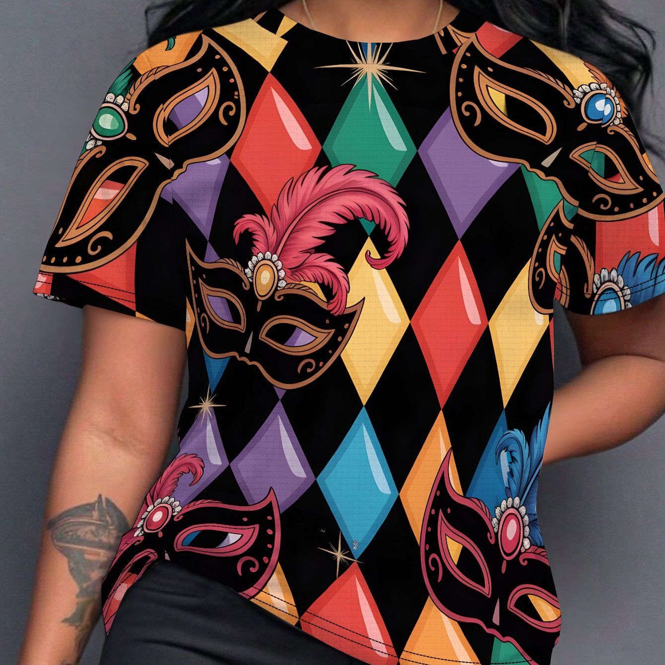 TEMU Women's T-shirt Featuring Graphic Print Of A Mask