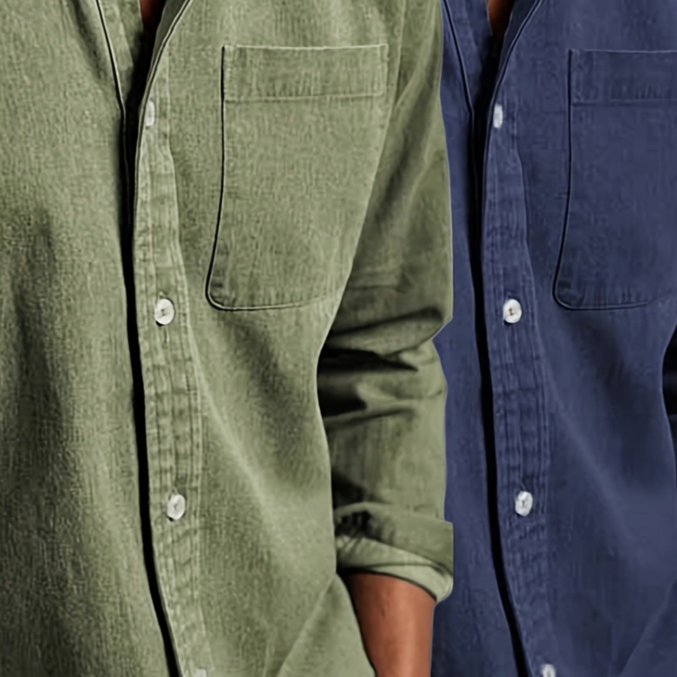 Image of 2pcs Men's Vintage Washed 100% Button-up Shirt And Shirt Suitable For Weekend Casual Wear, Collared Long-sleeve Button-front Solid Color Shirts For Casual Outfits