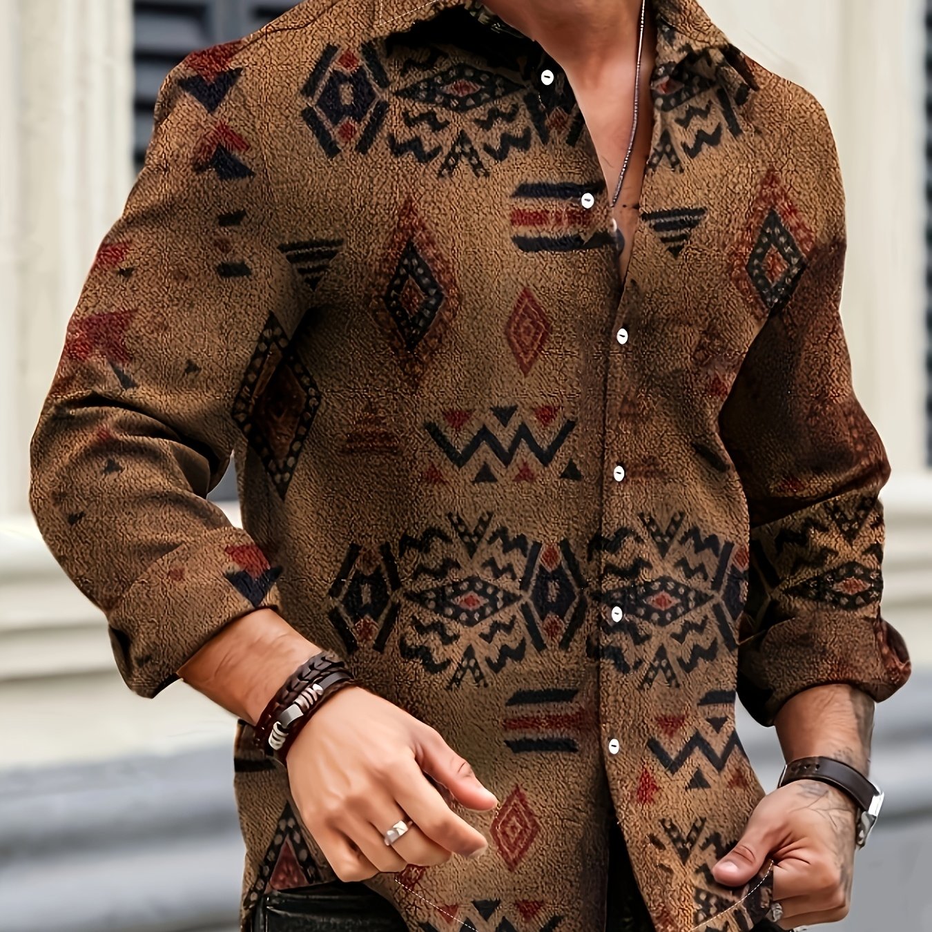 TEMU Men's Casual Fashion Long Sleeve Shirt - 100% Polyester, Printed Pattern, Loose Fit, Lapel Collar, Stretch, Woven Fabric, Fall/winter Collection