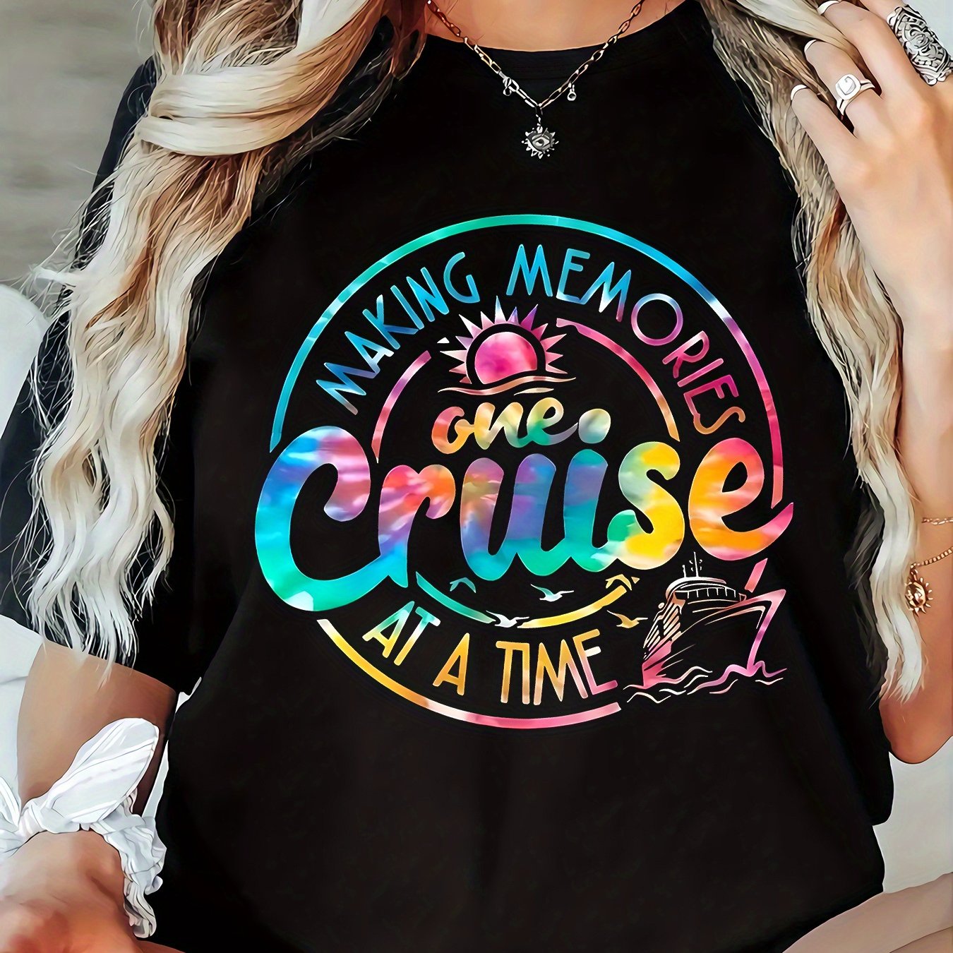 TEMU Plus Size Women's Casual T-shirt - " 1 Cruise " Graphic, Round Neck, Short Sleeve, Slightly Stretch Knit Fabric, Comfortable & Versatile Top For