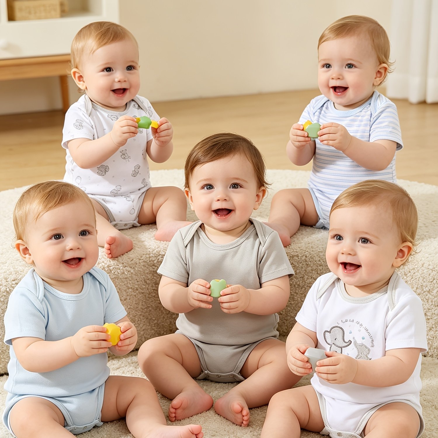 5pcs Spring And Summer New Boys Baby Infant Triangle Romper Climbing Clothes Animal Elephant Pattern + Solid Color + Striped Pattern Cute Matching , For Outdoor