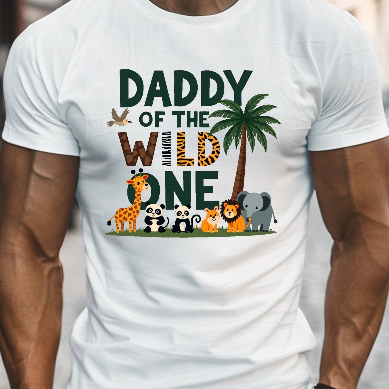 TEMU Men's "daddy Of One" Animal Print T-shirt - Lightweight Summer Crew Neck Tee With Geometric Jungle Design, Regular Fit Casual Top For Dads,