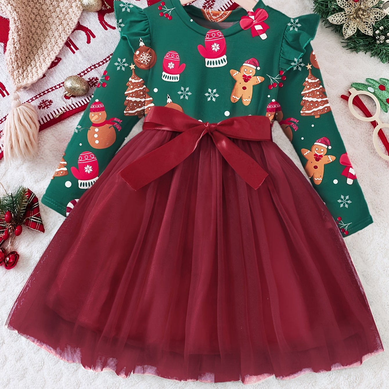 New Autumn And Winter Dress For Girls Featuring Christmas-themed Prints With Mesh And Lace-