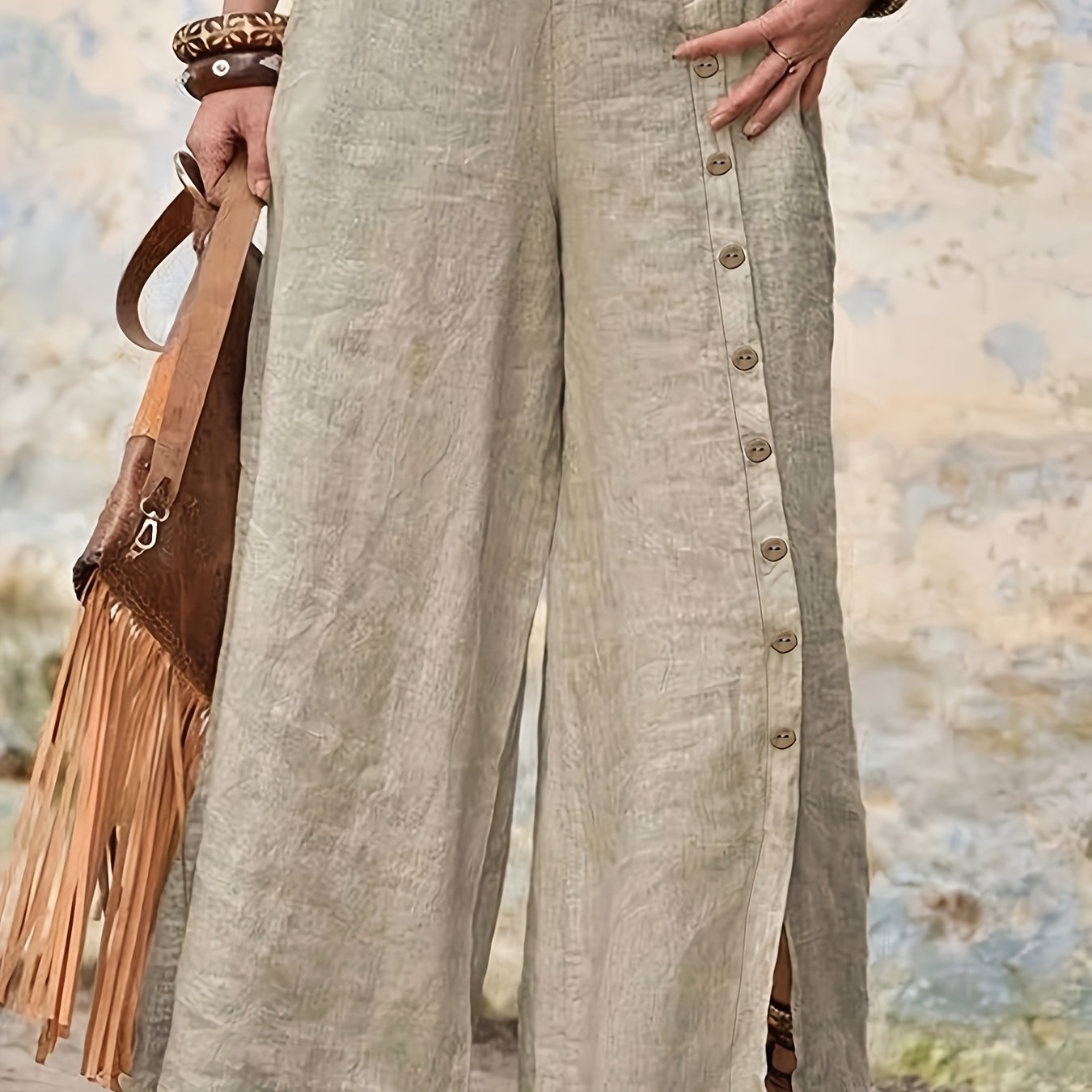 Plus Size - Plus Size - 1pc Women's Casual Comfortable Pants With Buttons And Pockets In Large Size