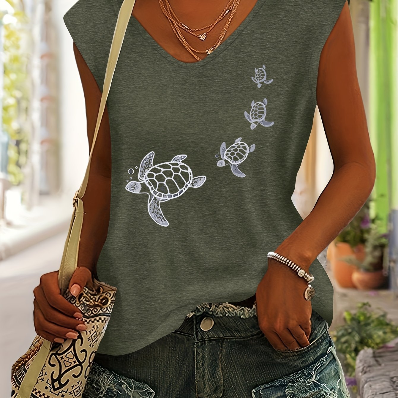 TEMU Chemise Femme Décontractée à Imprimé Tortue de Mer - Col V Manches Courtes, Respirante pour Printemps/Été, Coupe Regular Lavable en Machine,