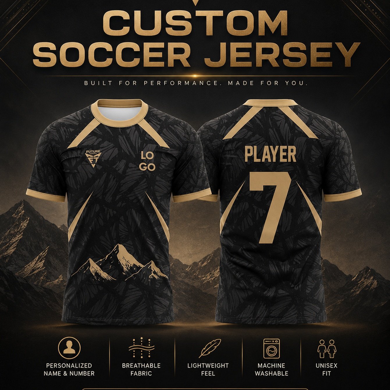 TEMU Black And Golden Mountain Geometric Print Short Sleeve Soccer Jersey, Unisex Breathable Quick- T-shirt, Customizable Match Top, Custom Men's