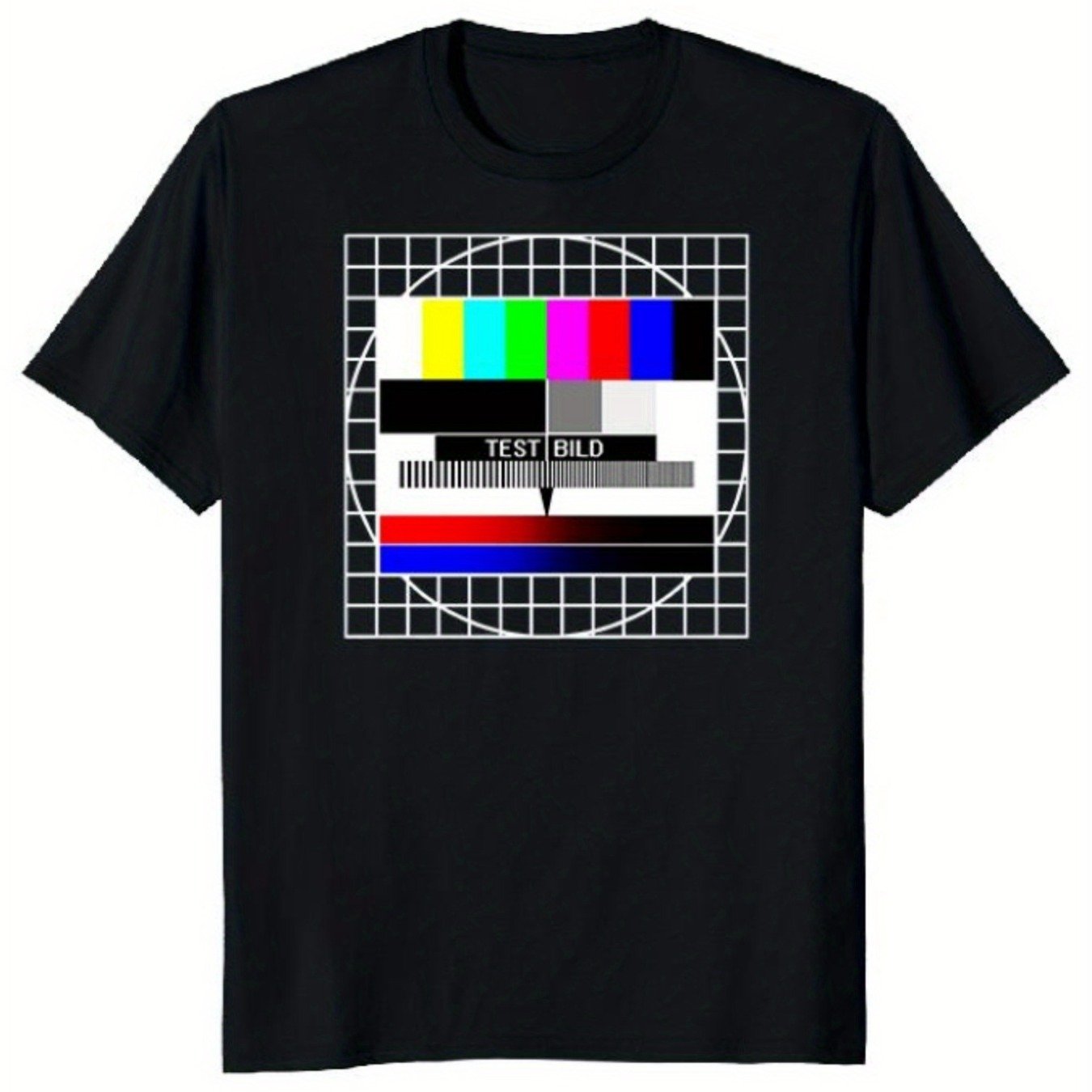 Men's Test Pattern T-shirt - Retro 80s 90s Tv Test & Design With Noise, Red/green/yellow Channels - Lightweight 180gsm Casual Round Neck Tee For Nostalgic Tv Fans