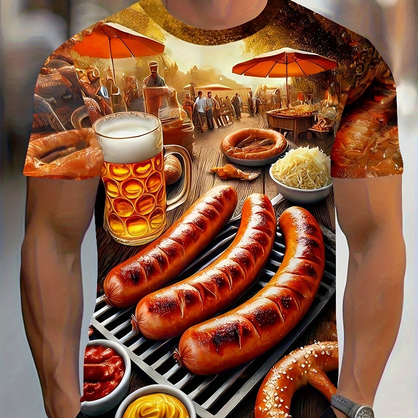 TEMU Men's 3d Printed Polyester T-shirt - Vibrant Bbq Scene With Grilled Sausages, Beer & Pretzels, Lightweight & Durable Fabric, Summer Grilling