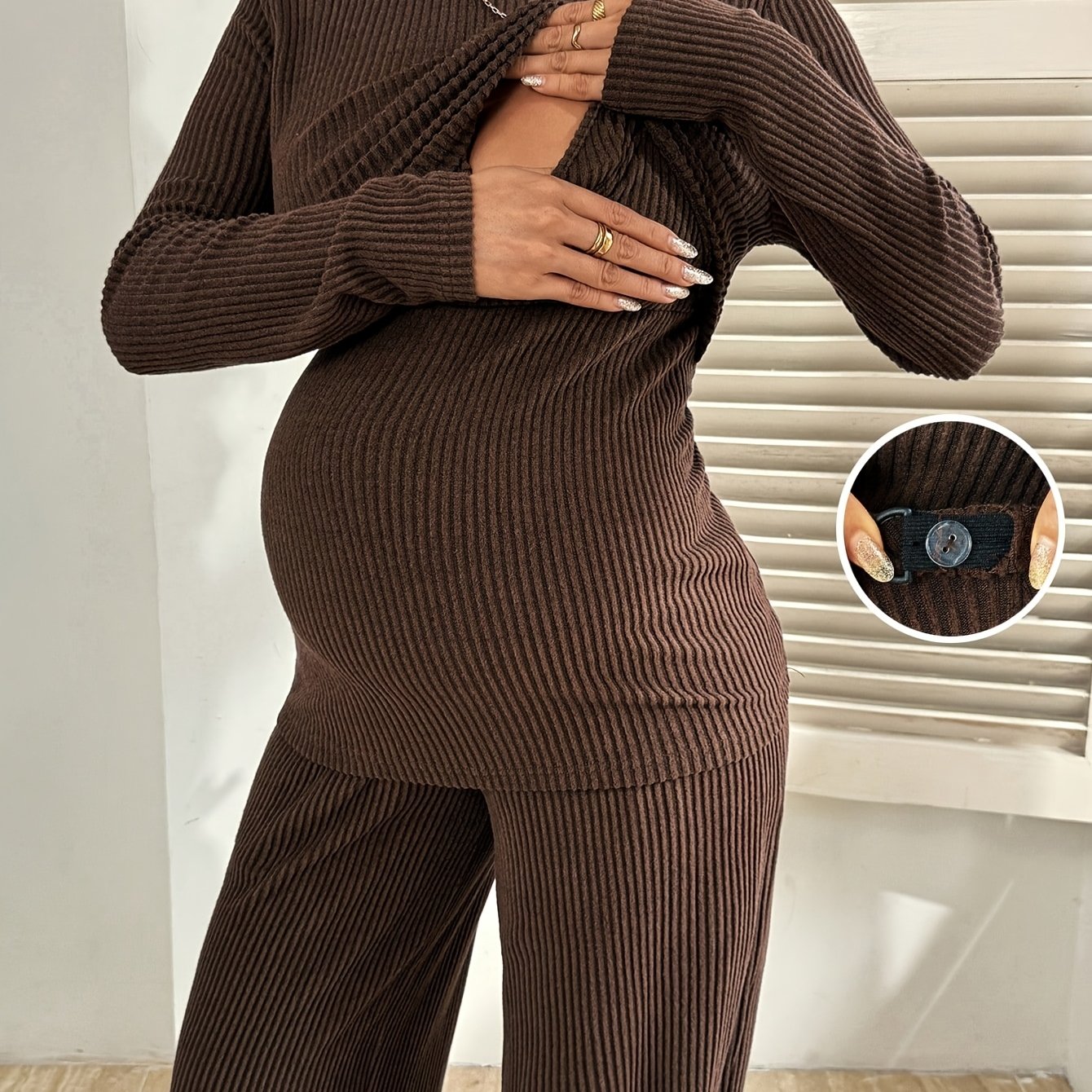 TEMU Maternity Wear Nursing 2pcs Set, Spring/autumn Style Pregnant Outfit, Brown Jumpsuit And Long Pants â Soft, Comfortable, And Casual