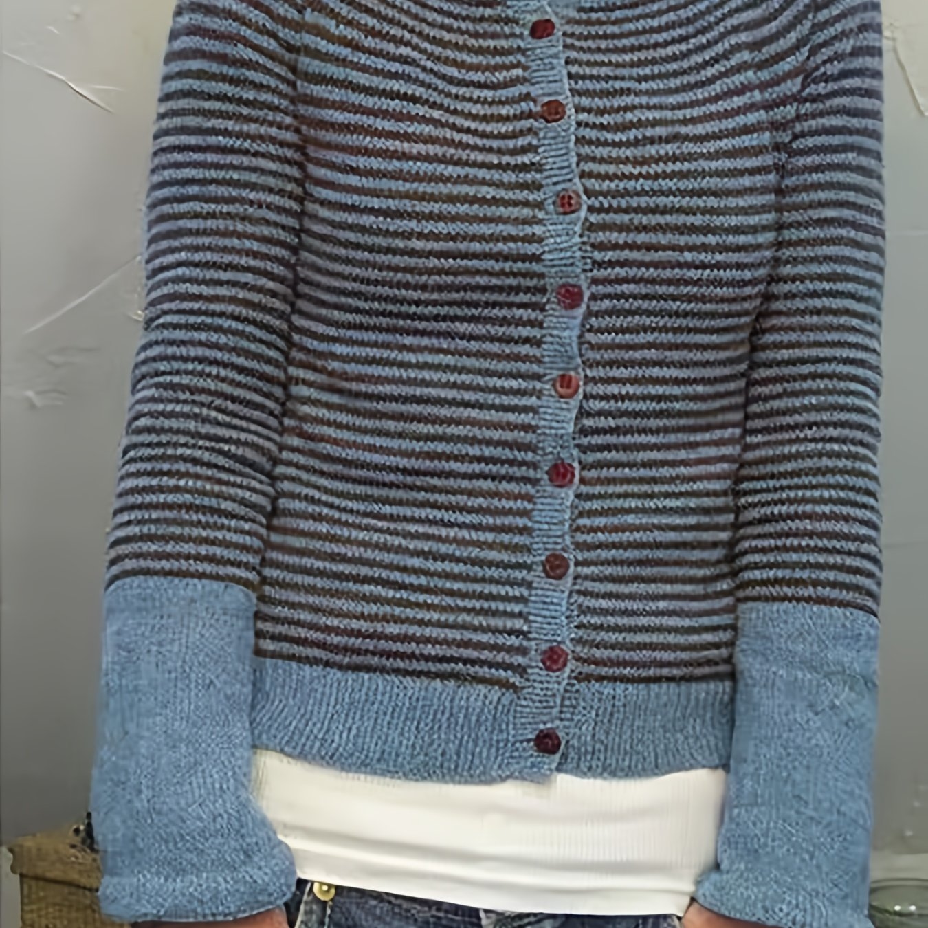 Image of Elegant Orientation Women's Retro Striped Button Front Cardigan Sweater Long Sleeve Color Block Casual Crop Coat For Fall And Winter