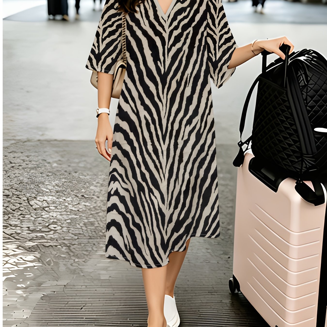 TEMU With Gray And White Zebra Print V-neck Dress