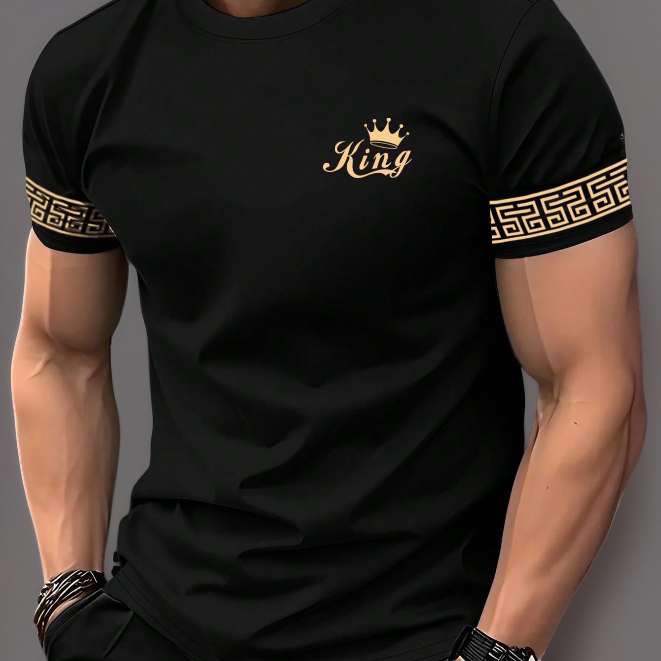 TEMU [printed Design â Not Textured] Men's Black And Golden Casual T-shirt With Print - Arm Pattern, Comfortable For Home, Light Social Wear, Holida