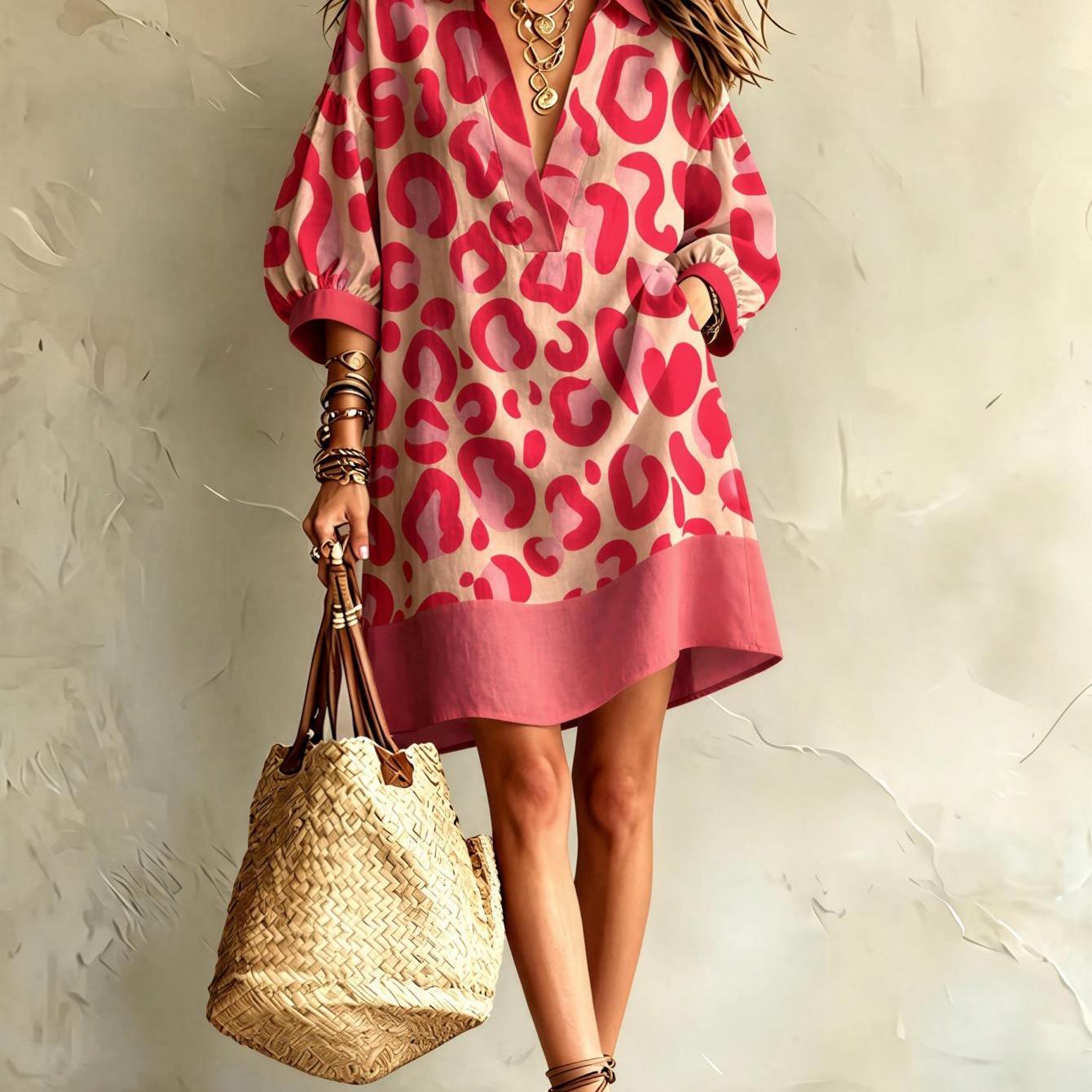 New Women's Summer And Autumn Dress Pink Leopard Print Lapel 3/4 Lantern Sleeve Loose Straight Short Dress Retro Breathable Comfortable Suitable For Daily Beach Vacation The For Gifts