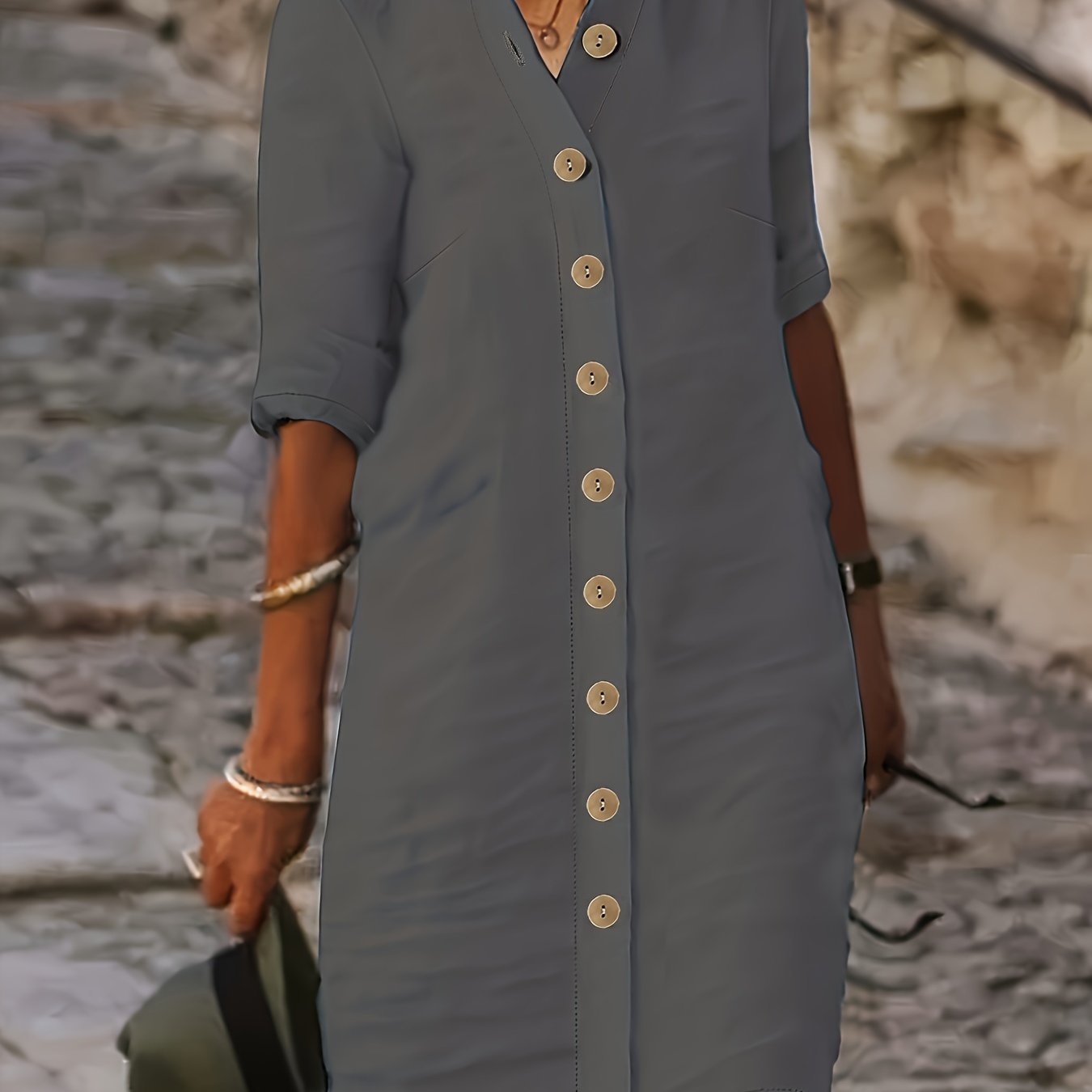 Women' Mature Commuter Stand Collar Dress, Elegant -breasted Mid-sleeve Loose Casual Versatile Midi Dress, Affordable Dress
