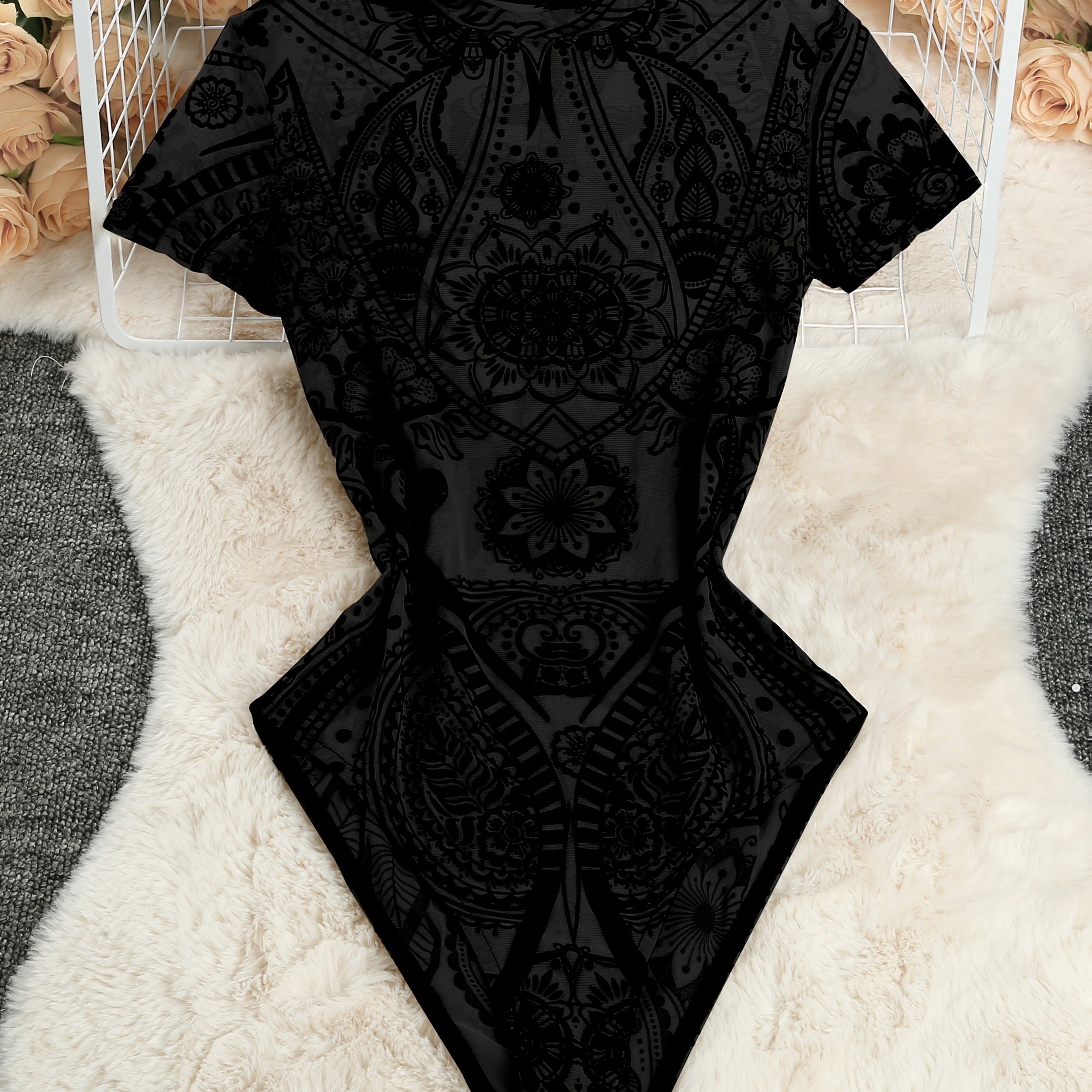 Image of Youngvintage Printed Sexy Short-sleeve Stand-collar Sheer Flocked Mesh Slim-fit T-shirt Bodysuit For Women, Y2k Style