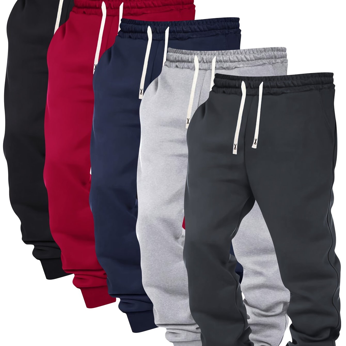 E-shop Set mit 5 Herren Jogginghosen in Unifarben mit elastischem Bund und Kordelzug, mit gerippten für lässige Sportbekleidung