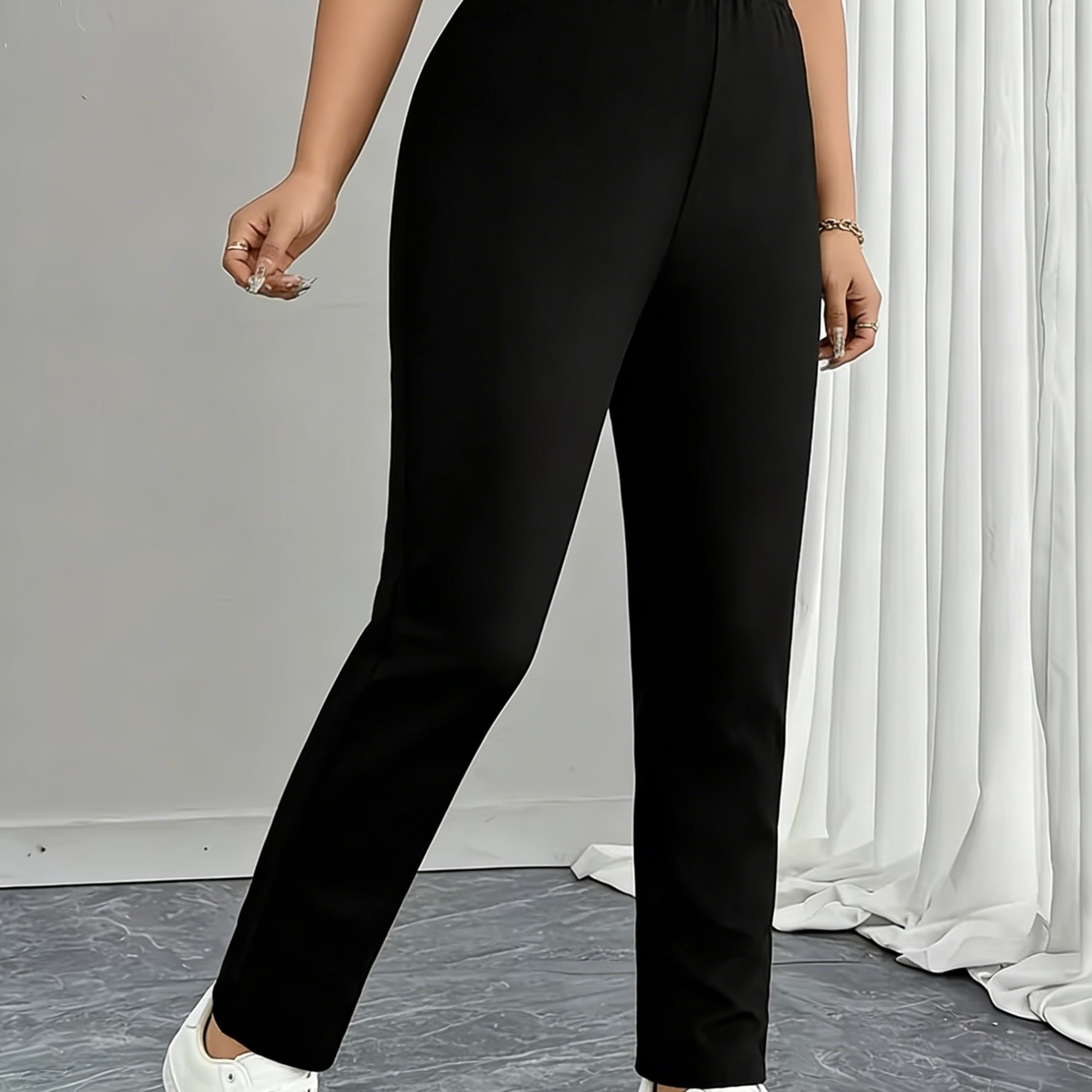 E-shop Hose in Übergröße, einfarbig schwarze Hose mit geradem Bein gerader Passform, modische Hose aus Stretch-Stoff mit hoher Taille, Freizeitkleidung
