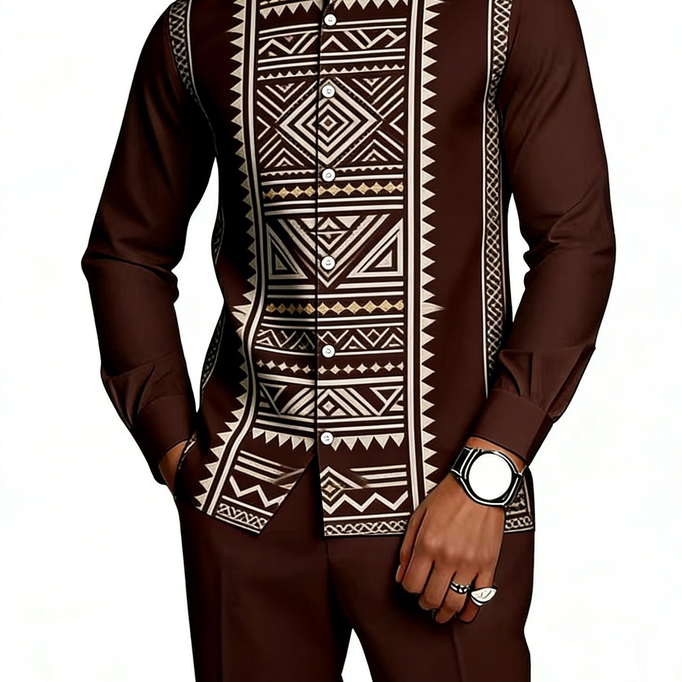 [2pcs Set]men's Spring/-up Collar Long Sleeve Shirt+ Trousers Set With Fashion Print Design, Lightweight, Breathable And Comfortable, Suitable Casual Gatherings, Outdoor Activities And Daily Wear