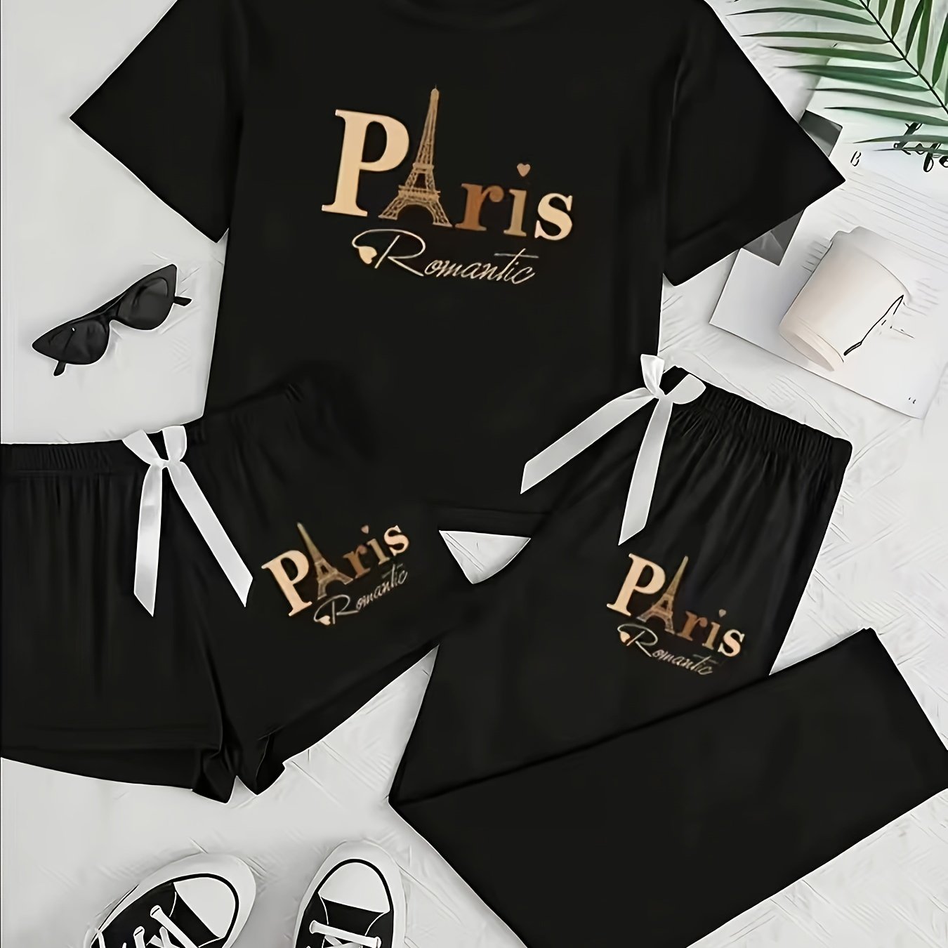 3pcs Set, , Sexy, Radiating Muscular Strength - Health Theme: Fashionable, Comfortable, Relaxing, Travel Essential, Elegant, Multifunctional Women's Loungewear 3pcs Set (short-sleeve Bow Top, Pants)