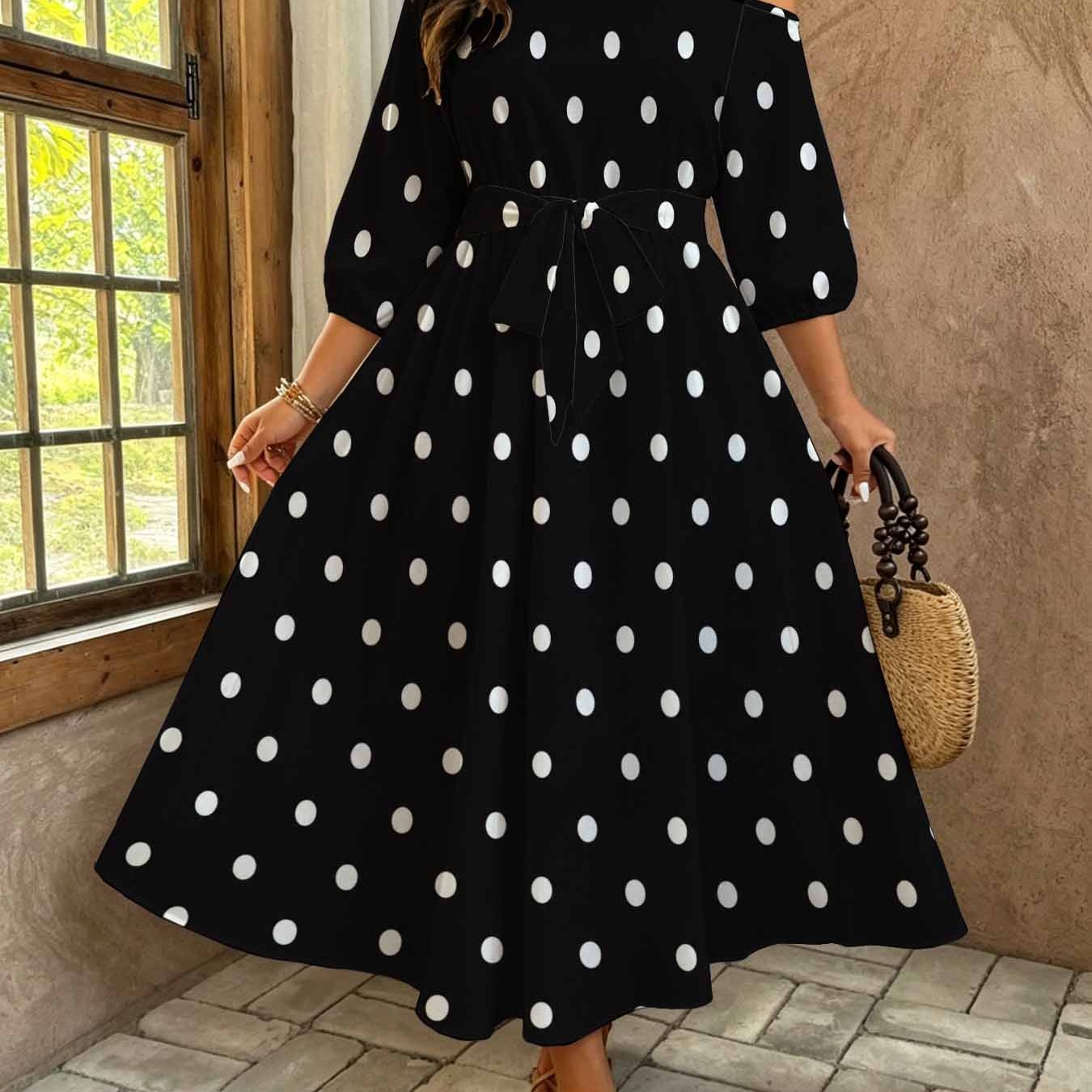 Image of Plus Size Women's Polka Dot Off-shoulder Maxi Dress, Summer Casual Belted Maxi Dress, Elegant Comfortable Silhouette, And White Patterned Outfit