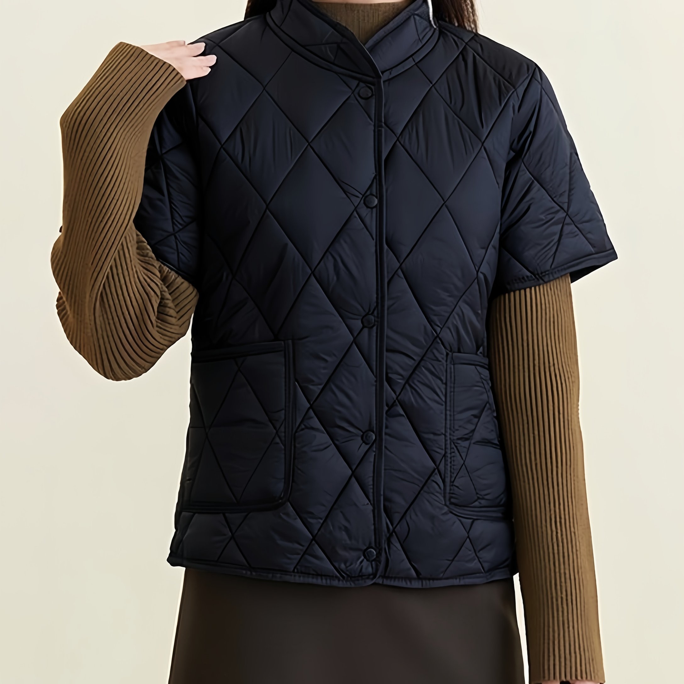 TEMU Manteau matelassé chaud et tendance automne/hiver, couche de base doublée -froid, petite veste matelassée, gilet à manches mi-longues