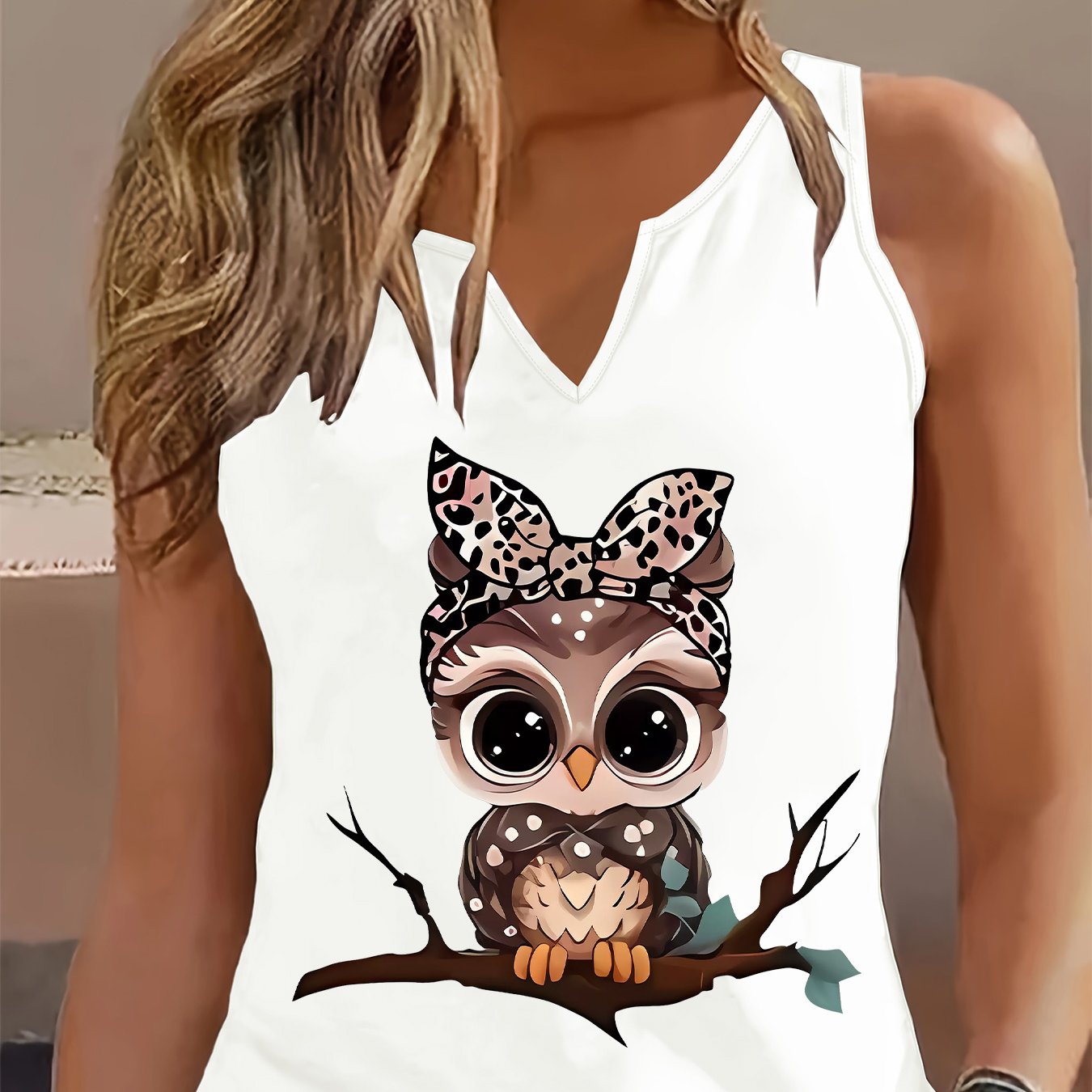 TEMU Women's Summer Sleeveless V-neck Blouse - Cute Owl & Print (052#) - Breathable Casual, Medium--washable Opaque Shirt For Casual Attire, Layering